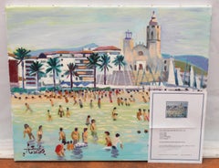Bañistas en la playa de Sitges - öleo sobre tela . Firmado