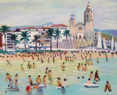 Bañistas en la playa de Sitges - öleo sobre tela . Firmado
