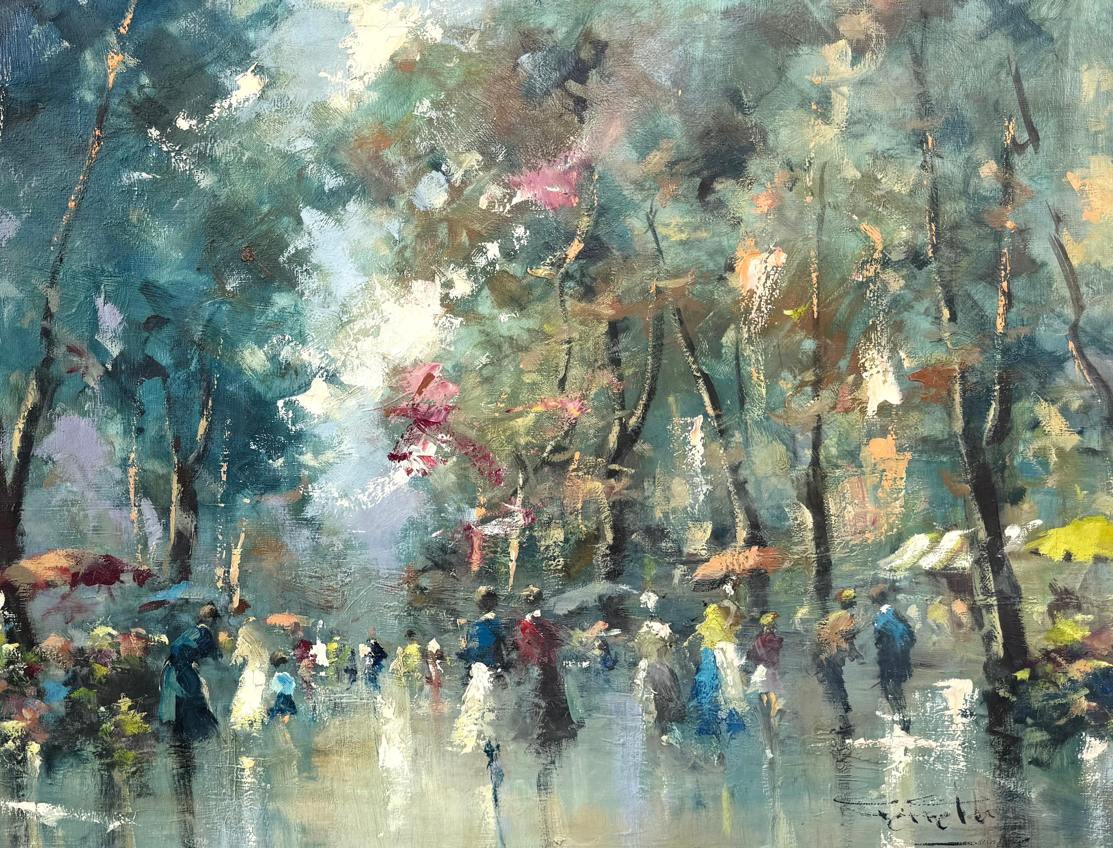 “La Rambla, Barcelona, Spain” - Gray Landscape Painting by Jordi Freixas Cortes