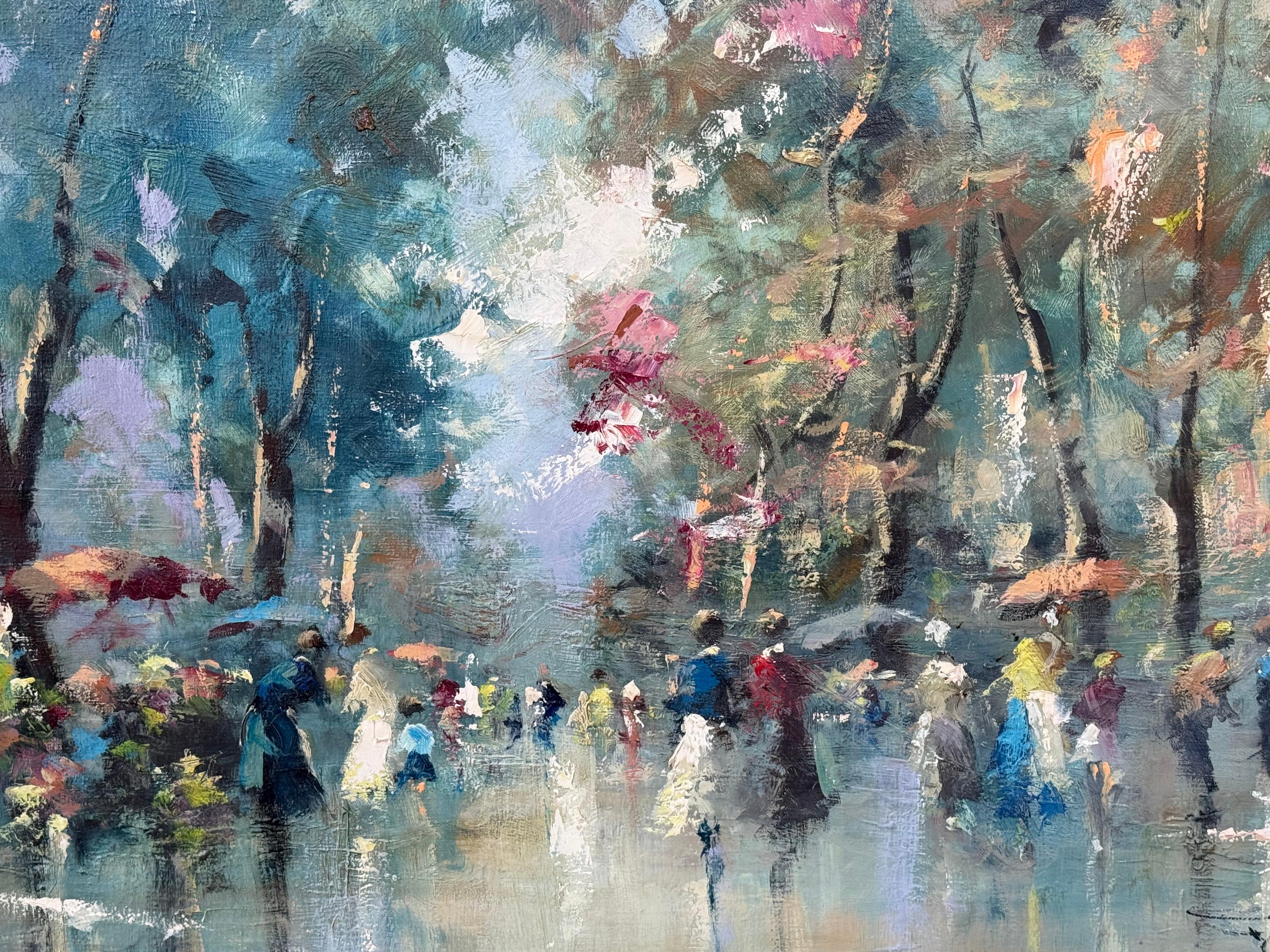 Original vibrant and colorful oil on canvas painting of La Rambla in Barcelona, Spain attributed to the hand of Jordi Freixas Cortes the Barcelona born artist. Signed lower right (F. Cortes). Circa 1955. Condition is excellent.  A very similar
