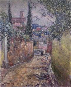 Vintage Spanish village landscape Spain oil on canvas painting