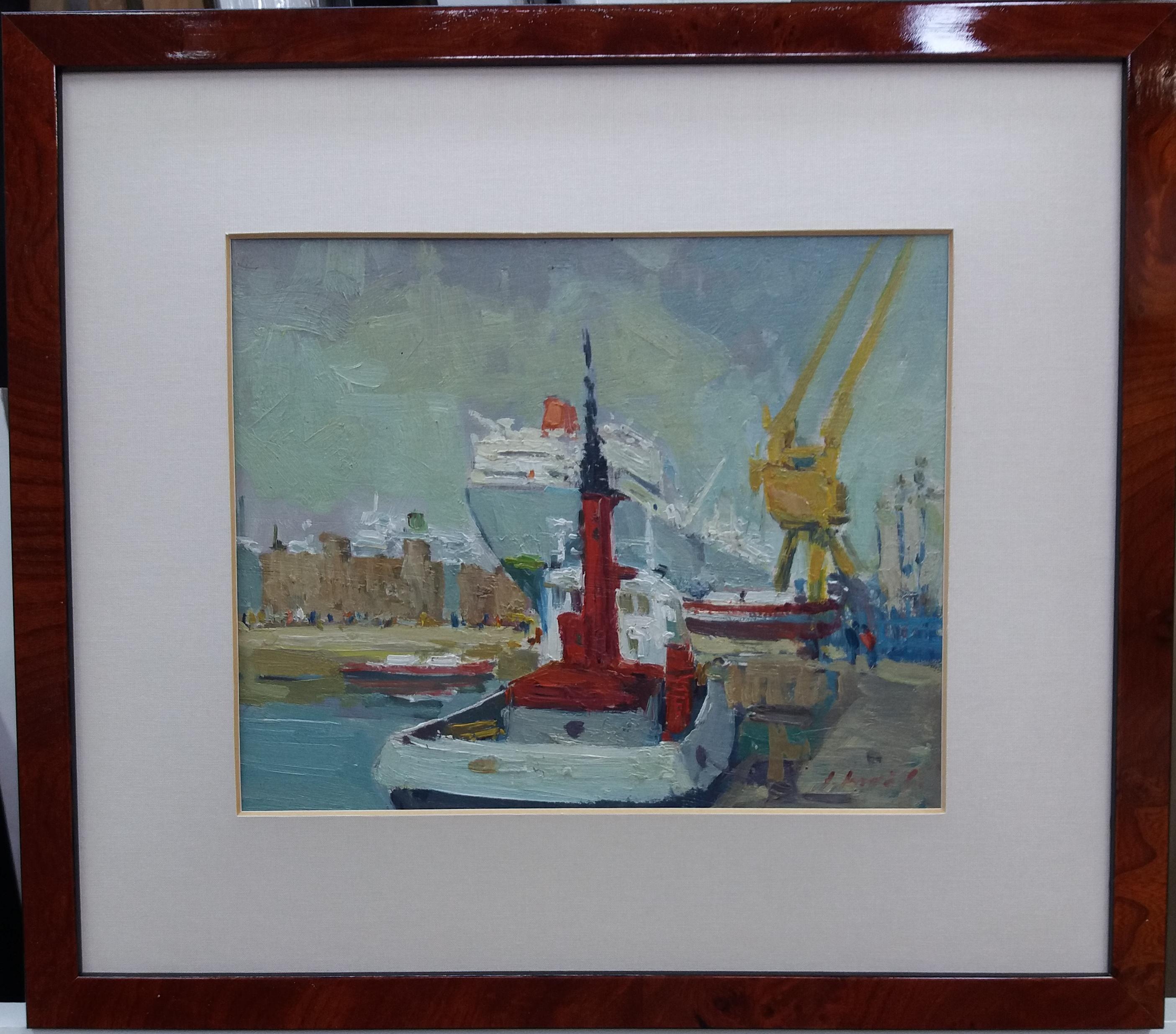 Jordi Jorda  Port  Barcelona. original acrylic wod painting - Painting by JORDI JORDA