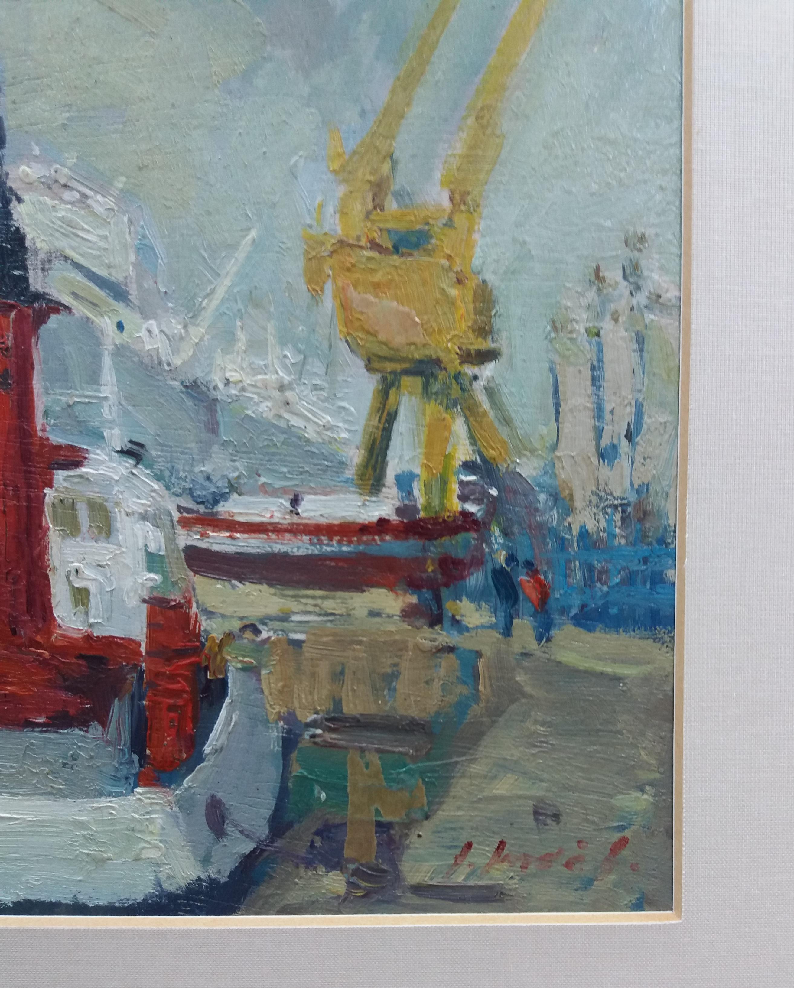 Jordi Jorda  Port  Barcelona. original acrylic wod painting - Impressionist Painting by JORDI JORDA