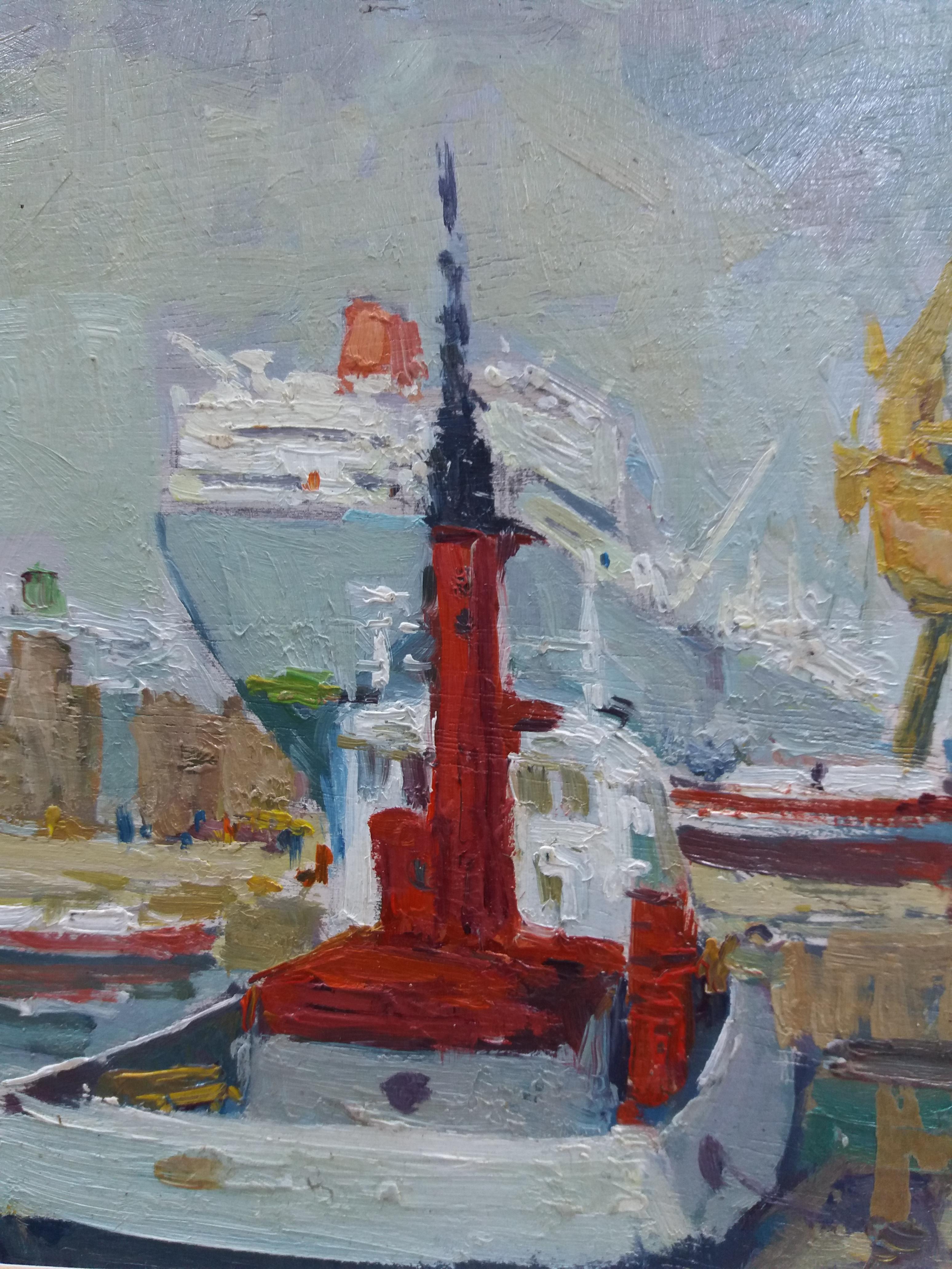 Jordi Jorda  Port  Barcelona. original acrylic wod painting - Brown Landscape Painting by JORDI JORDA