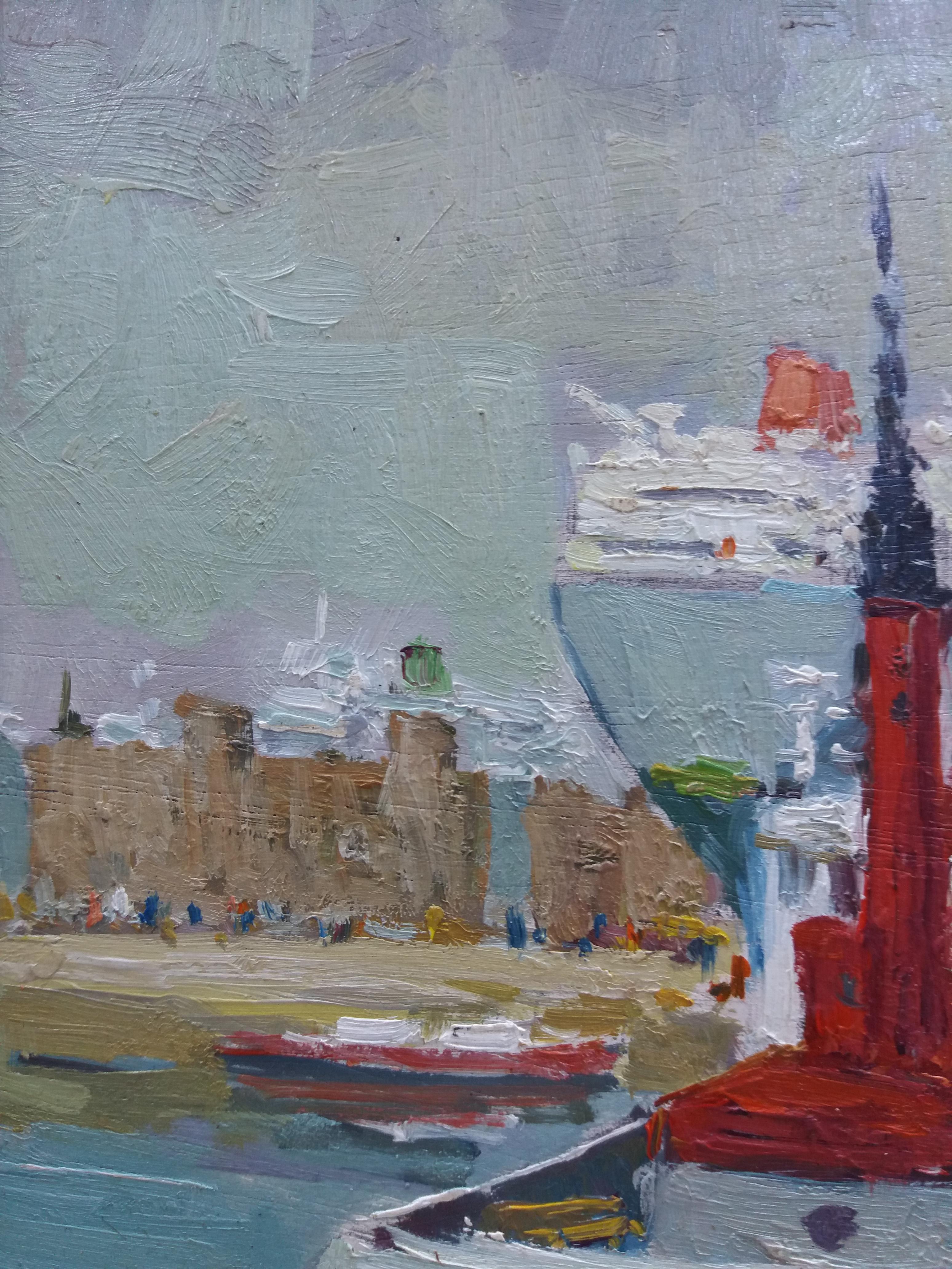 Puerto de Barcelona. Original-Acryl-Holzgemälde