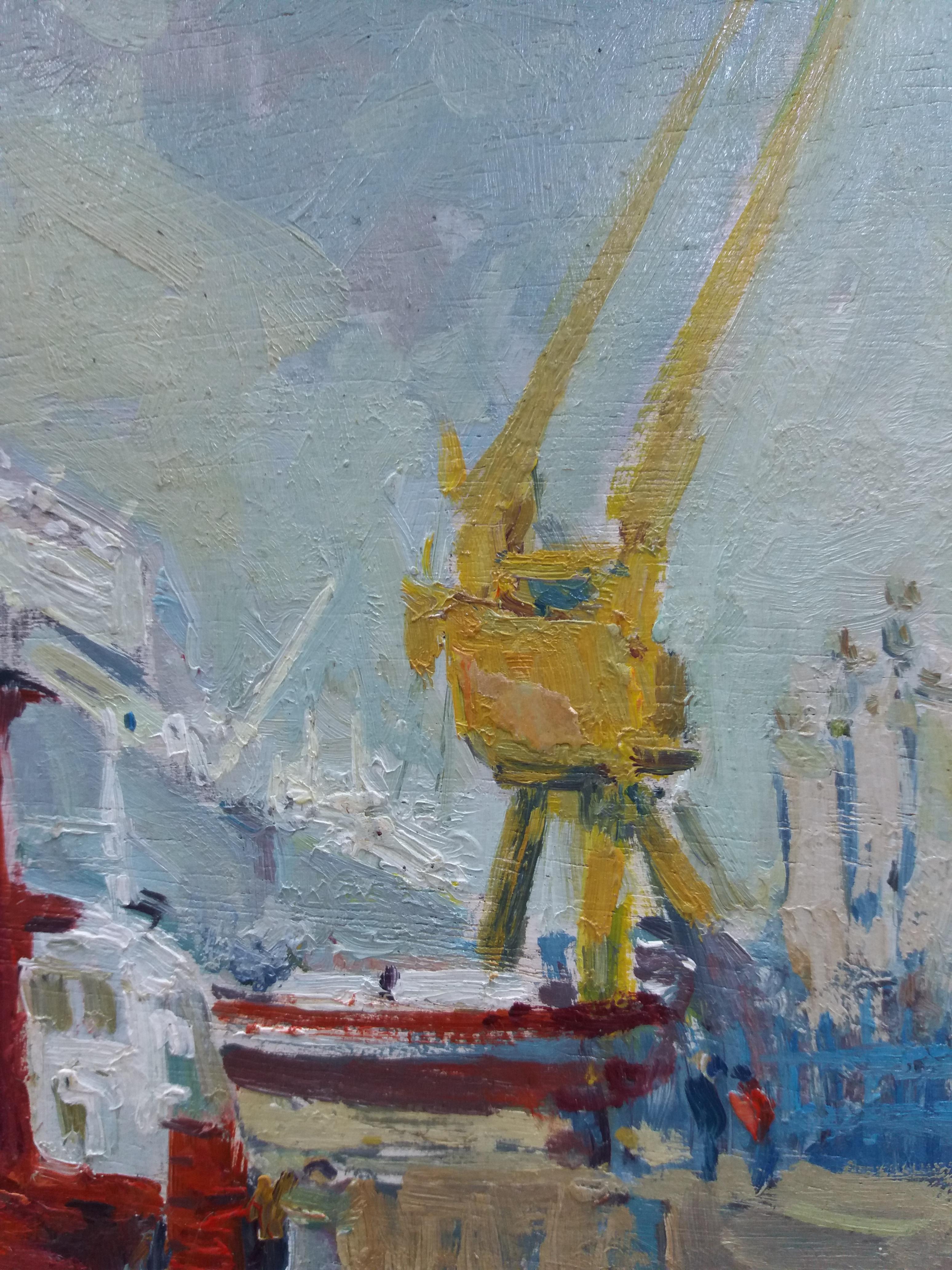 Jordi Jorda  Hafen  Barcelona. Original Acryl-wod-Gemälde im Angebot 1