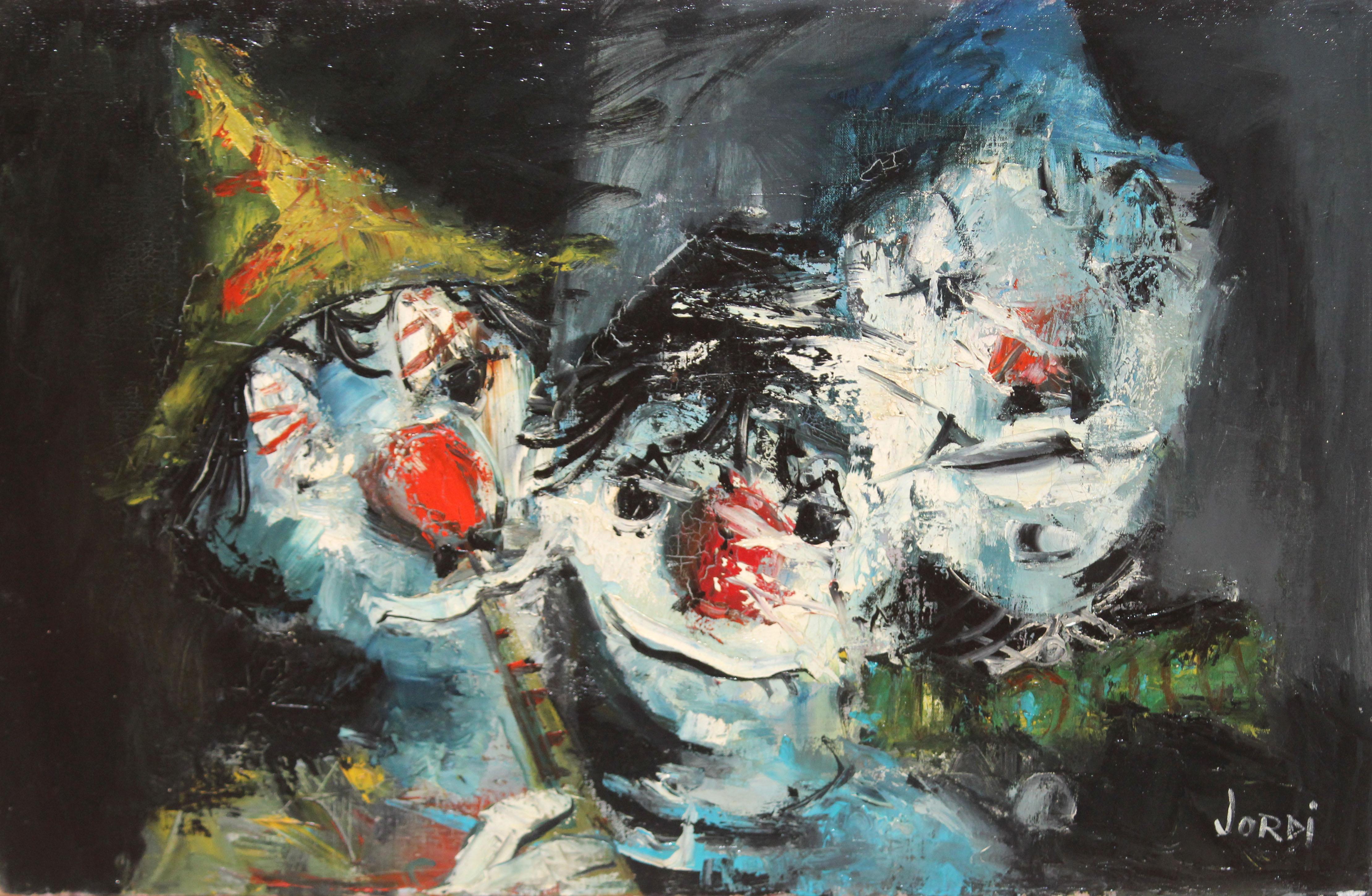 Jordi Mercadé Farrés Figurative Painting – La melodía secreta de los payasos - Óleo sobre tela