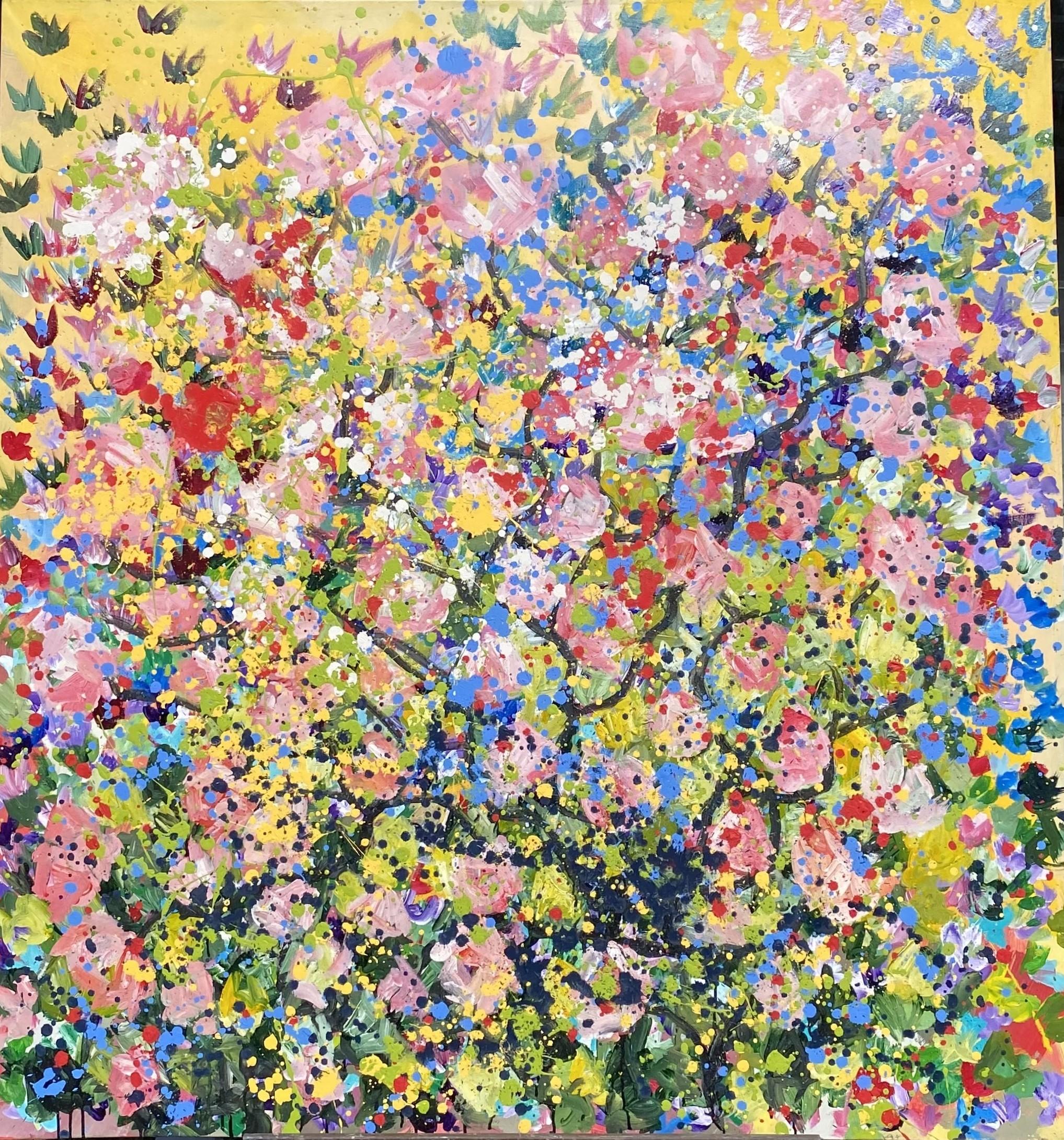 Jordi Mollà Abstract Painting - Flowers (Yellow Background 1)