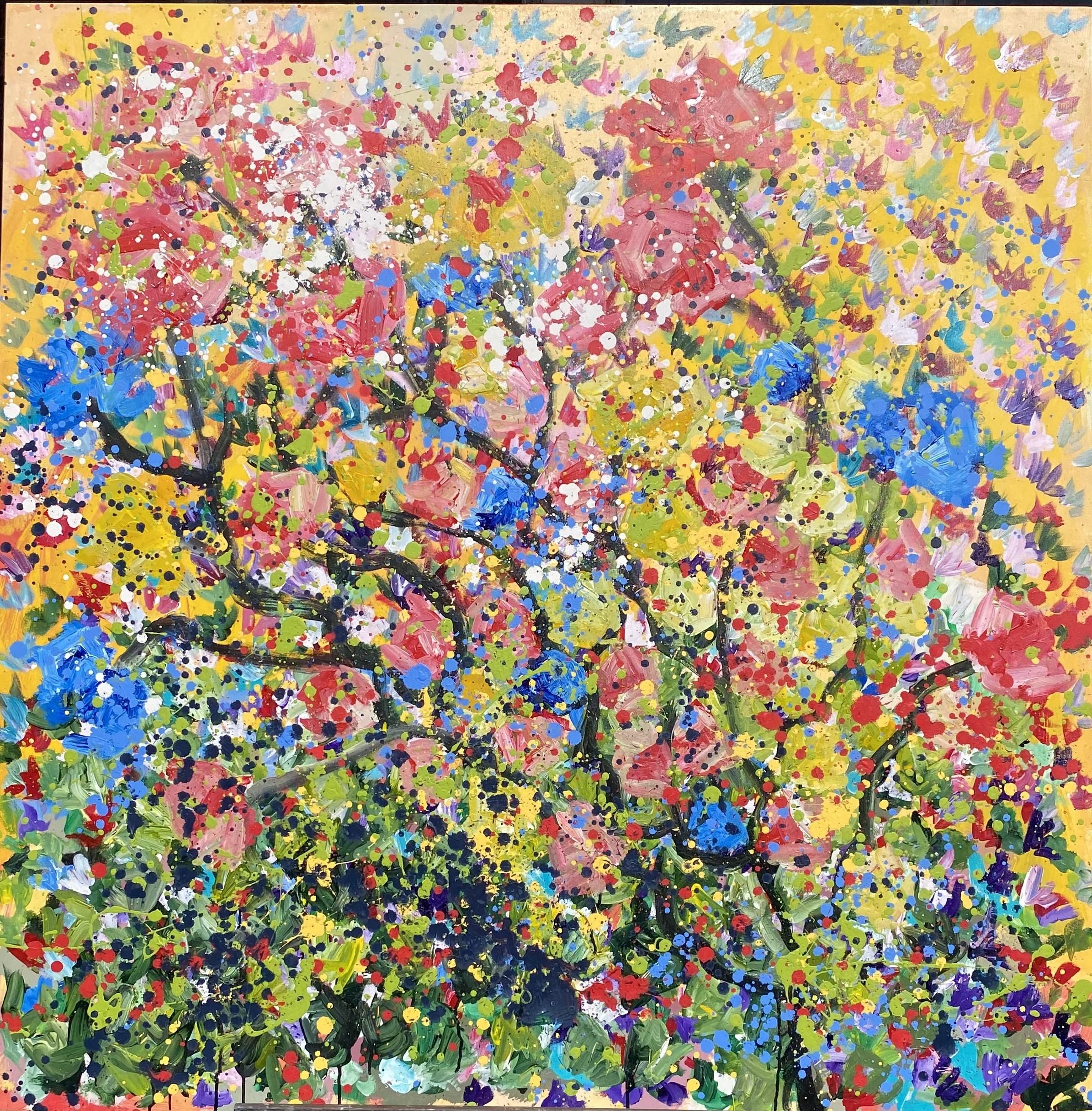 Jordi Mollà Abstract Painting - Flowers (Yellow Background) 2