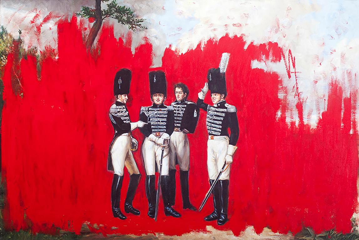 Jordi Mollá signed and dated painting, carried out over classical oil on canvas with frame representing 19th century cavalry soldiers.

 