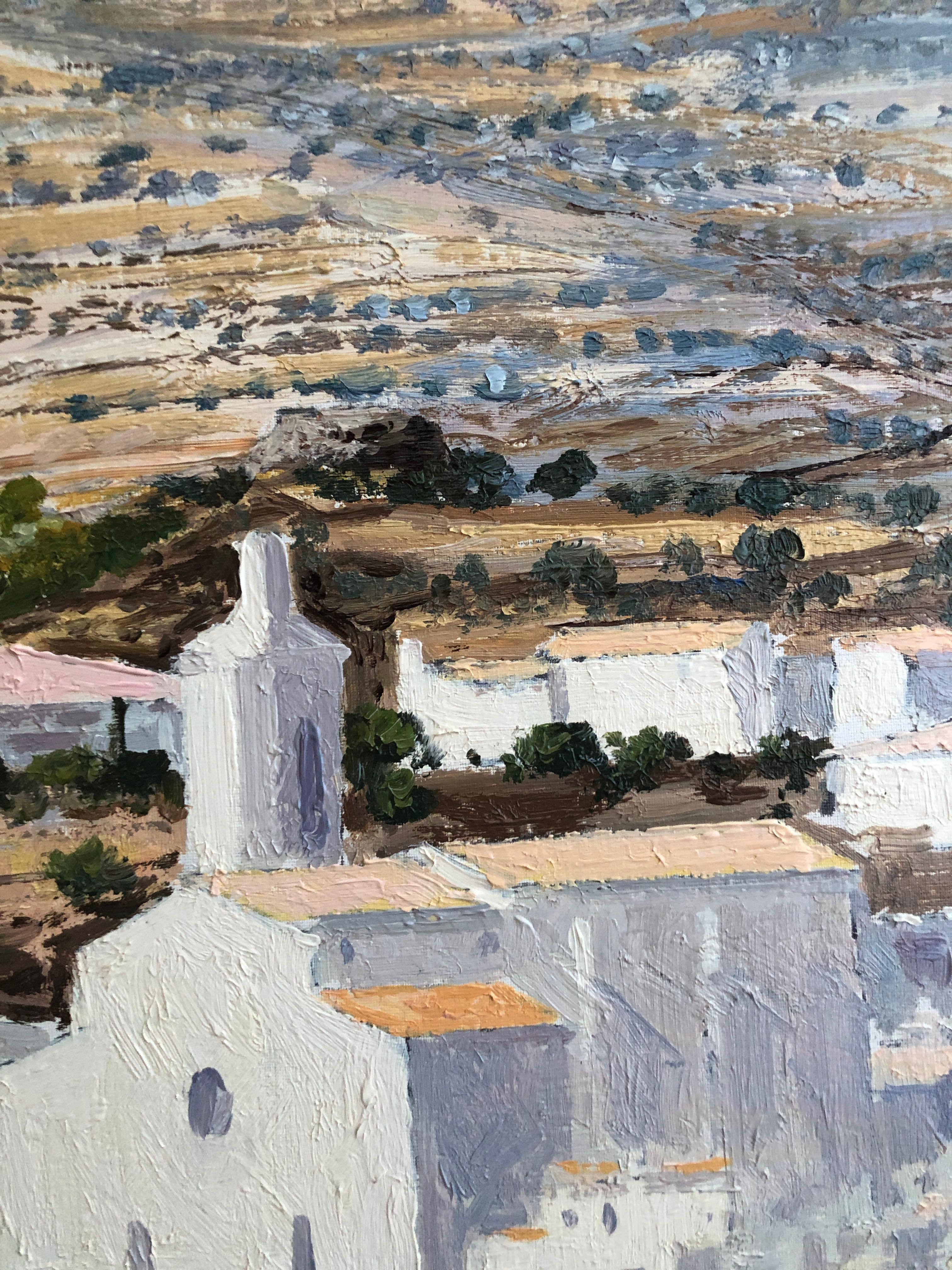 Roofs of Cadaqués Spain oil on canvas painting seascape - Post-Modern Painting by Jordi Pagans Montsalvatje