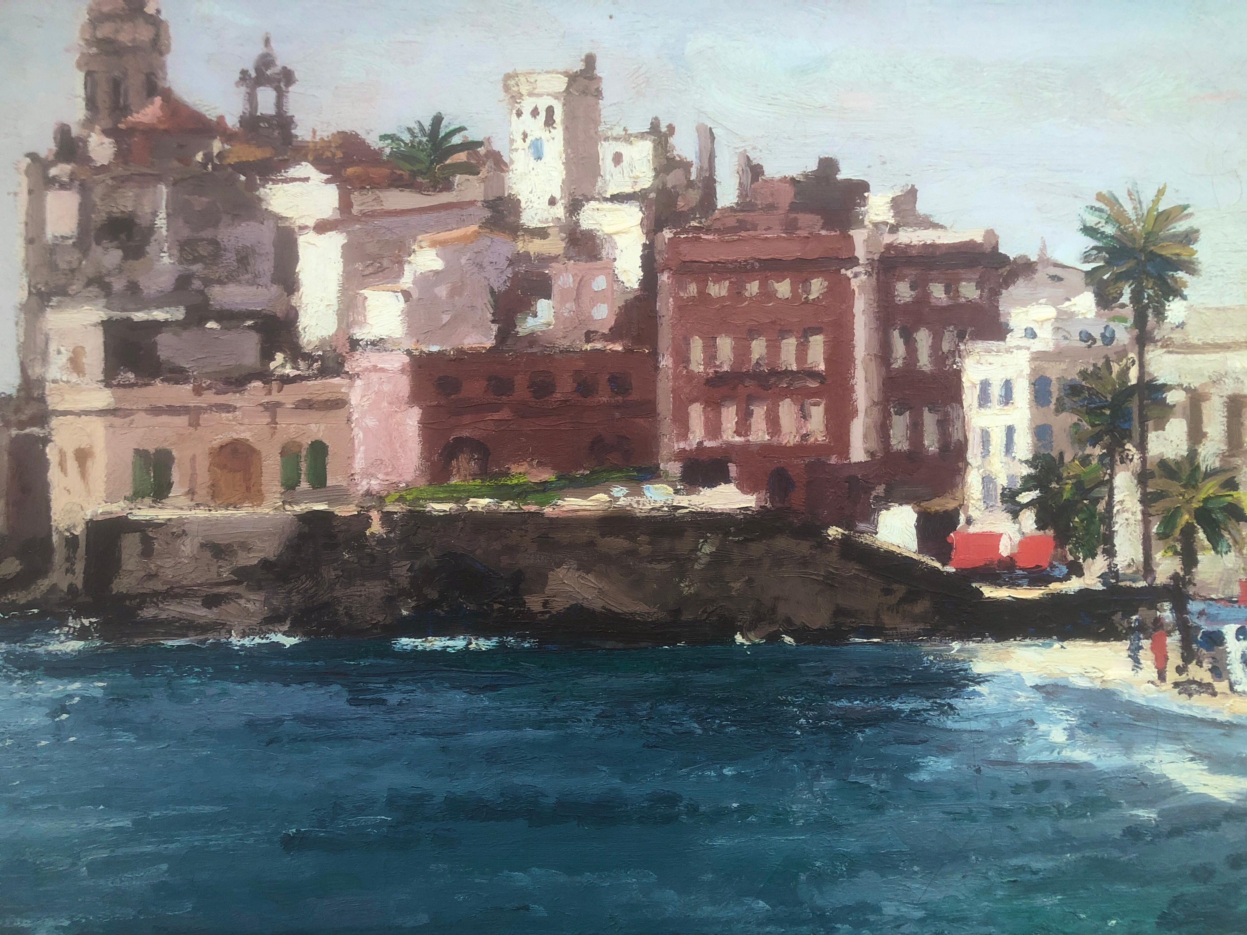 Seascape of Sitges Spain oil on canvas painting mediterranean For Sale 3