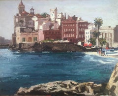 Vintage Seascape of Sitges Spain oil on canvas painting mediterranean