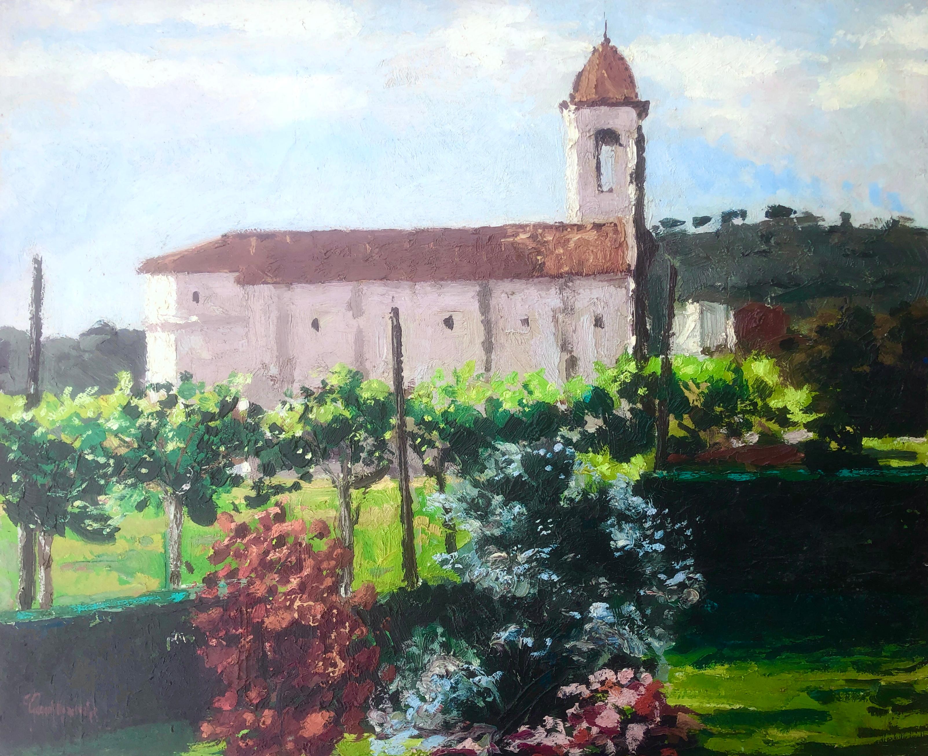 Huile sur toile de Vinyet ermitage Sitges, Espagne, paysage méditerranéen