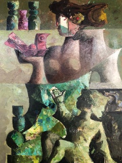 Jordi Pla Domenech Large Abstract Cubist Oil Painting, Signed