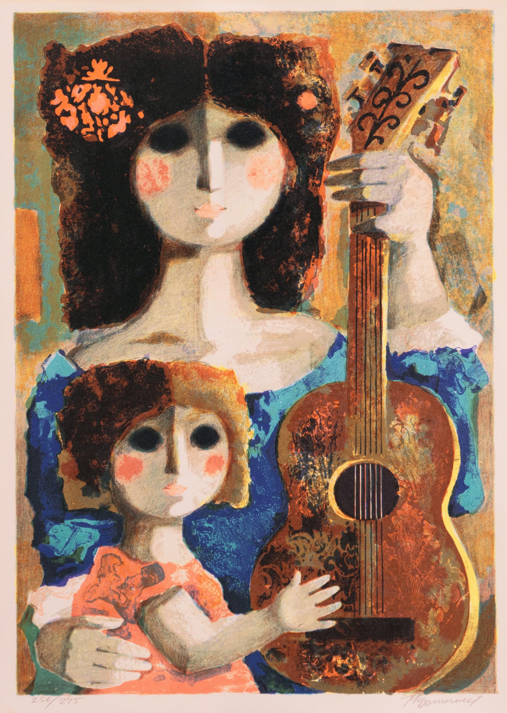 Jordi Pla Domènech Figurative Print - 'Mother and Child with Guitar', Figural, Barcelona, Venice, Chicago, New York