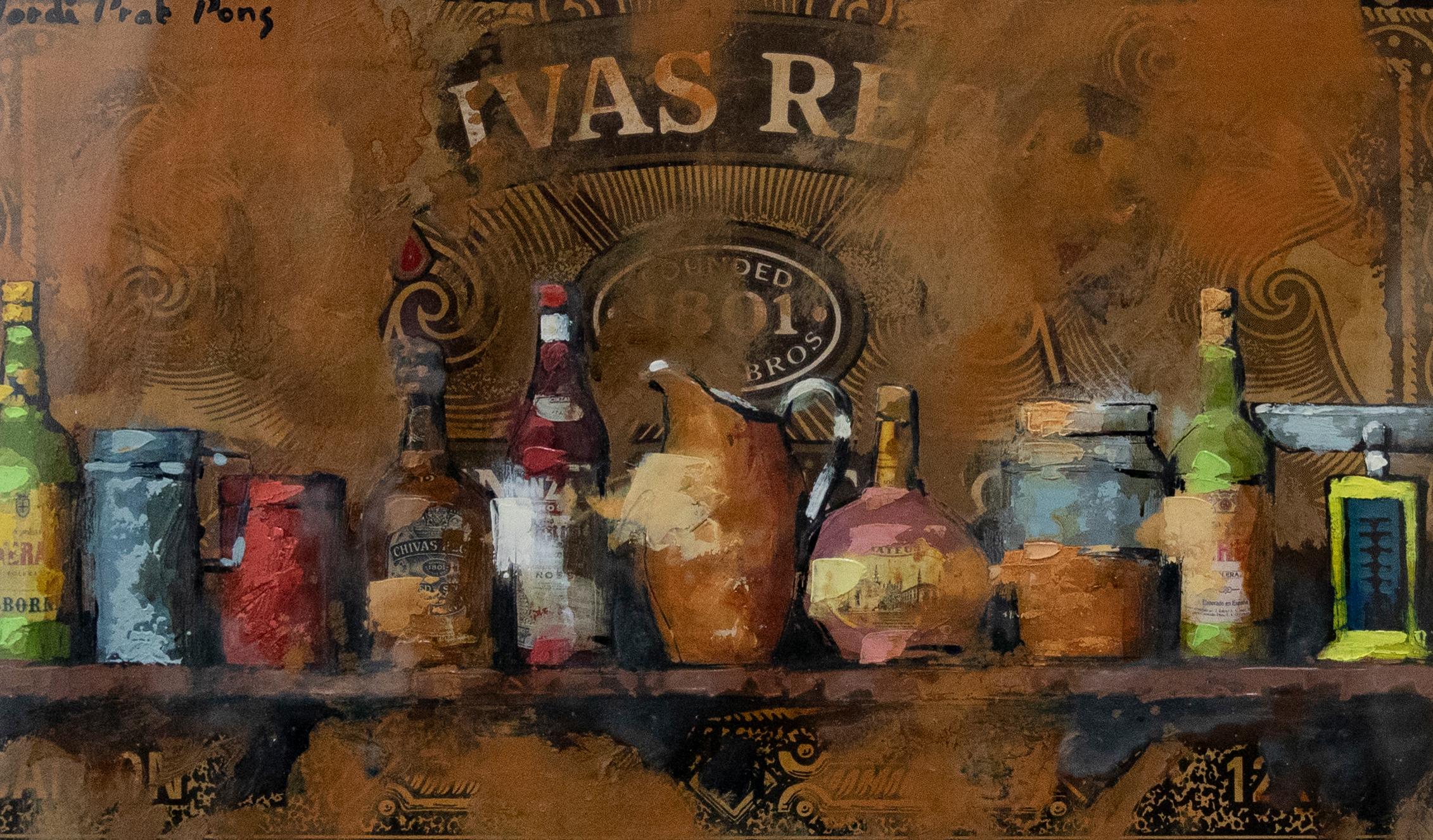 A quirky mix media study of spirit bottles on a shelf. Signed to the upper left 'Jordi Prat Pons'. Presented in a contemporary gilt-effect frame with a cream card mount. Fixed to the reverse of the frame is a signed certificate of authenticity and