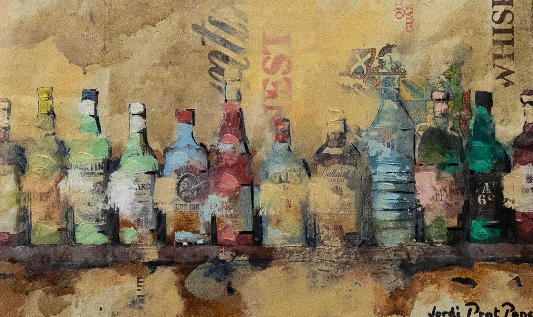 A quirky mix media study of spirit bottles on a shelf. Signed to the lower right 'Jordi Prat Pons'. Presented in a contemporary gilt-effect frame with a cream card mount. Fixed to the reverse of the frame is a signed certificate of authenticity and