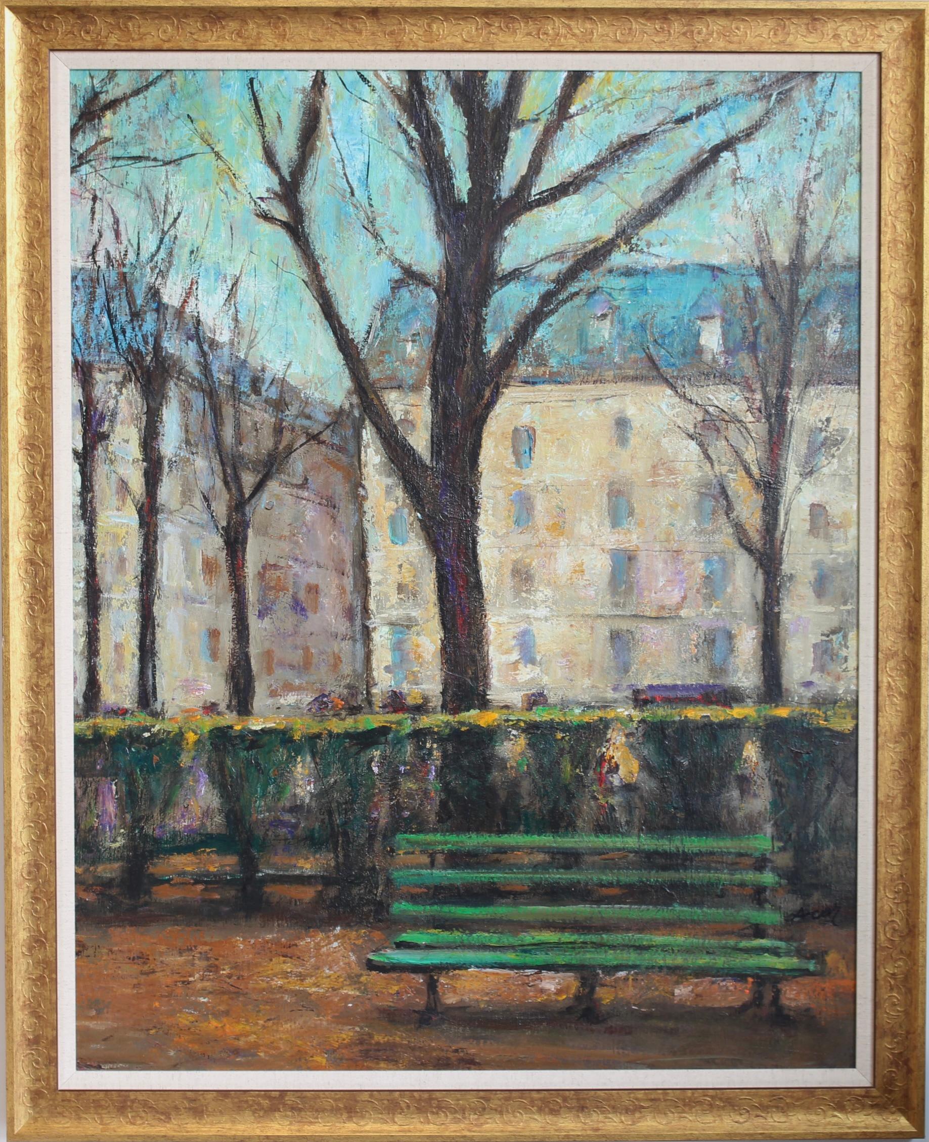 'Le Banc Public à Paris' ('The Park Bench in Paris'), oil on board, by Jordi Roca (circa 1980s). This atmospheric, sizeable work captures the quiet presence of a Parisian public bench beneath the bare trees of winter or early spring. The