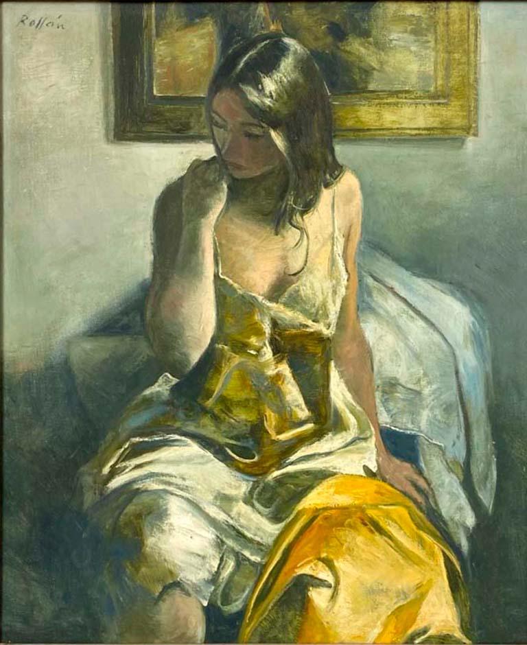 Jordi Rollan Lahoz Figurative Painting - Jordi Rollán Lahoz- Joven pensativa - Óleo lienzo