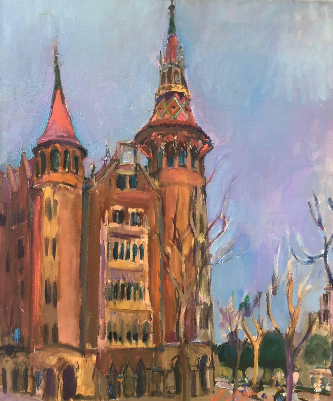 Landscape Painting di Jordi Santacana - J. Santacana 6 Edificio modernista Barcellona tela acrilica originale