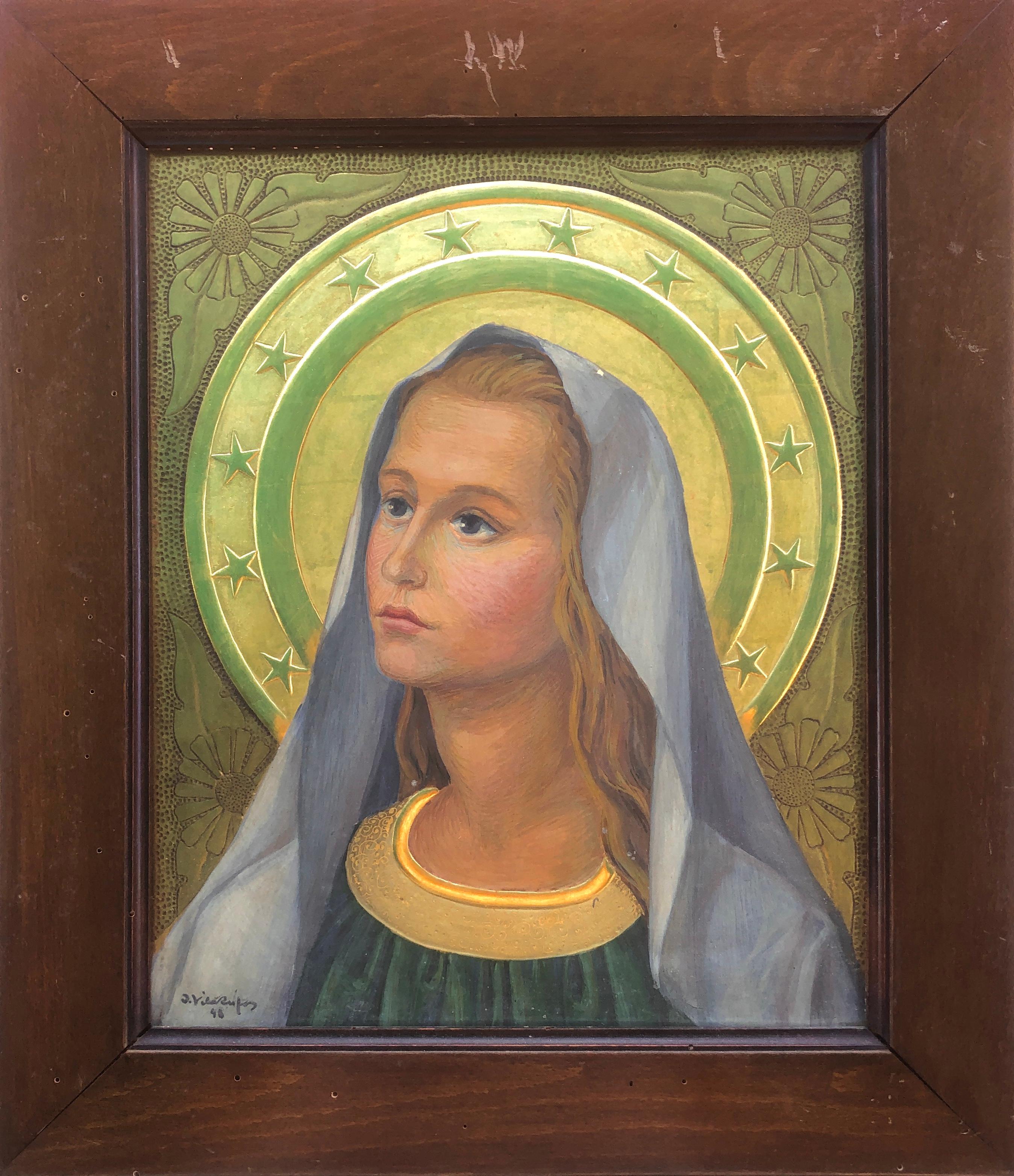 Vierge Marie peinture à la détrempe retable religieux - Painting de Jordi Vila Rufas