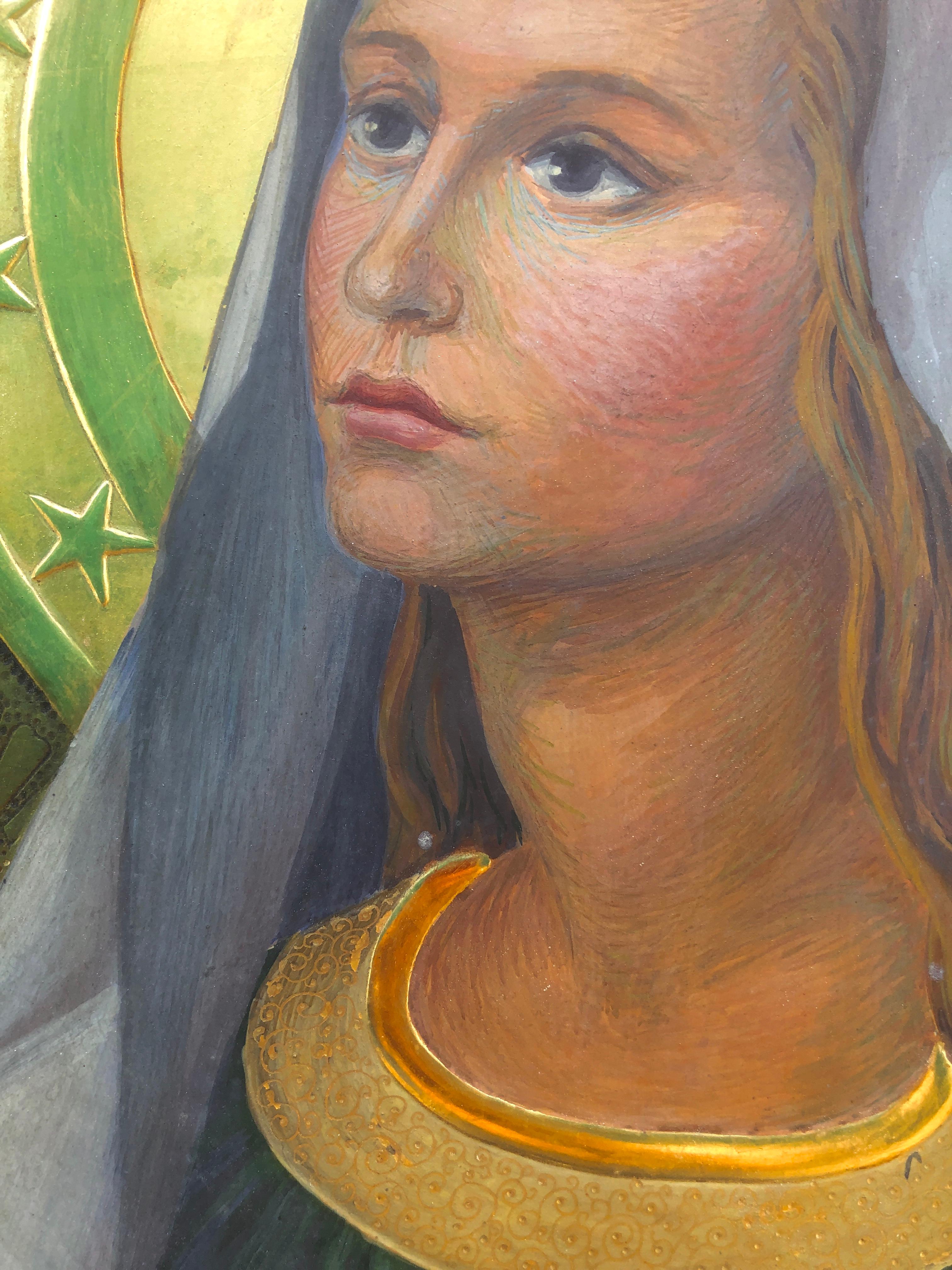 Jordi Vila i Rufas (1924-2011) - Virgin Mary 1948 - Egg tempera
Painted on gold metallic surface.
Painting measurements 40x32 cm.
Frame measurements 53x45 cm.
Inactive xylophagous galleries on frame and support.

Jordi Vila i Rufas (Barcelona,
