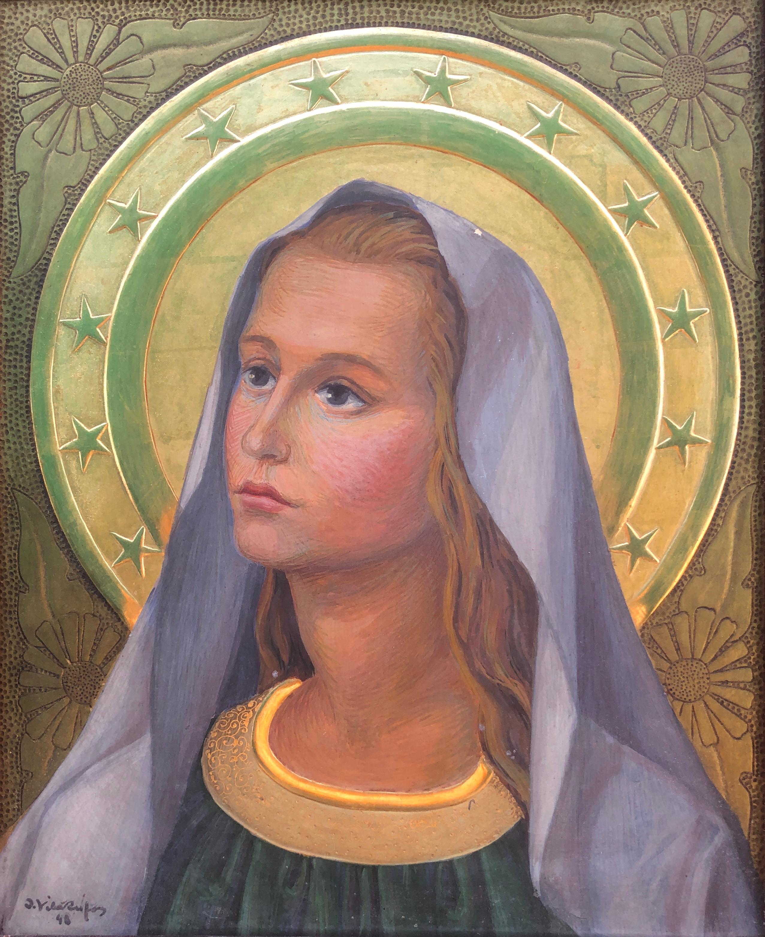Portrait Painting Jordi Vila Rufas - Vierge Marie peinture à la détrempe retable religieux