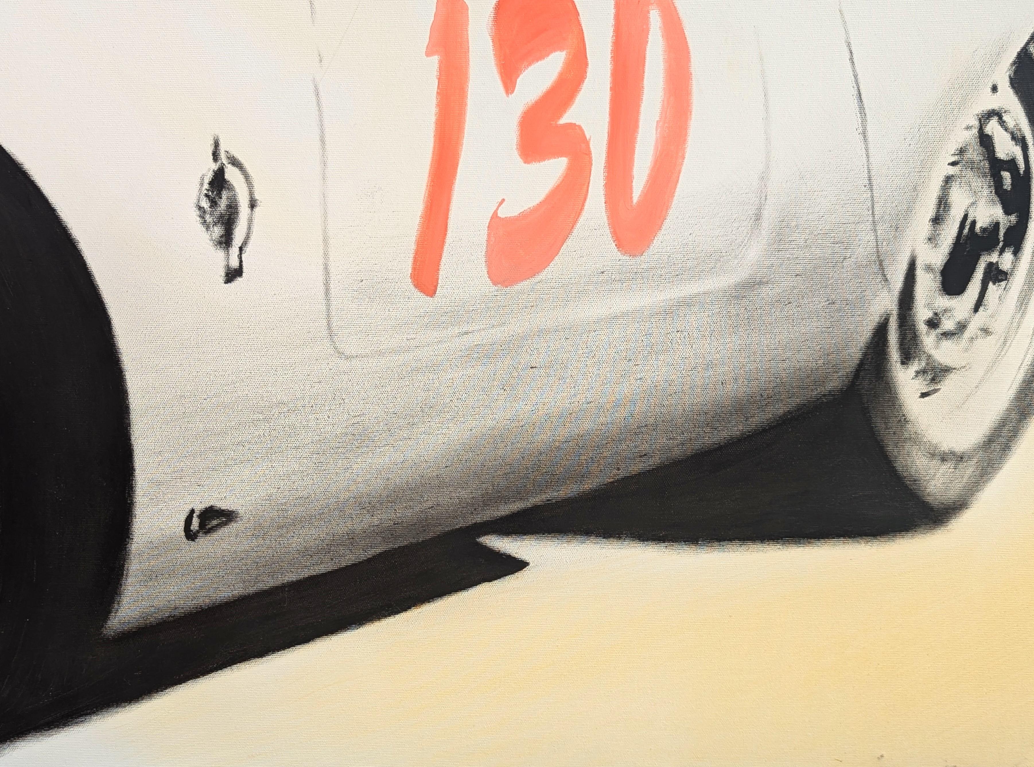 Pintura contemporánea inspirada en la cultura pop del artista German artist Jörg Döring. La obra muestra una representación dinámica de James Dean conduciendo su Porsche 550 Spyder con el emblemático número 