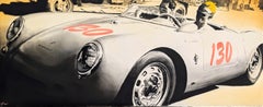 "James Dean" Peinture Pop Art contemporaine noire et jaune sur la course de voitures Porsche