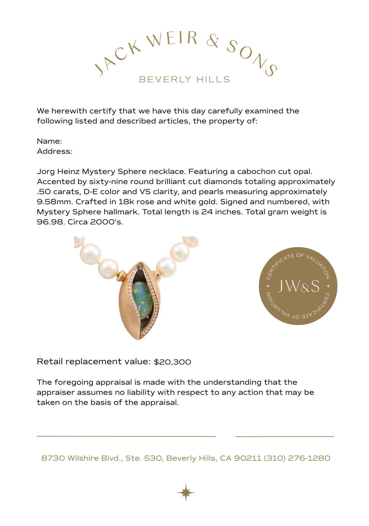 Jorg Heinz opal diamond pearl 18k rose and white gold Mystery Sphere necklace For Sale 1