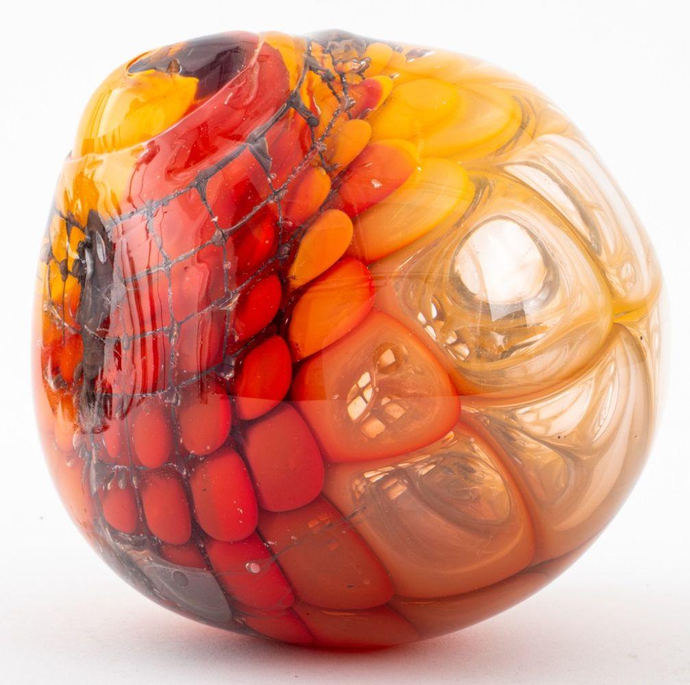 Jorg F. Zimmermann (German, b.1940) Studio Art Glass Sculpture, red and amber glass with metal honeycomb organic forms, signed to underside.

5.5