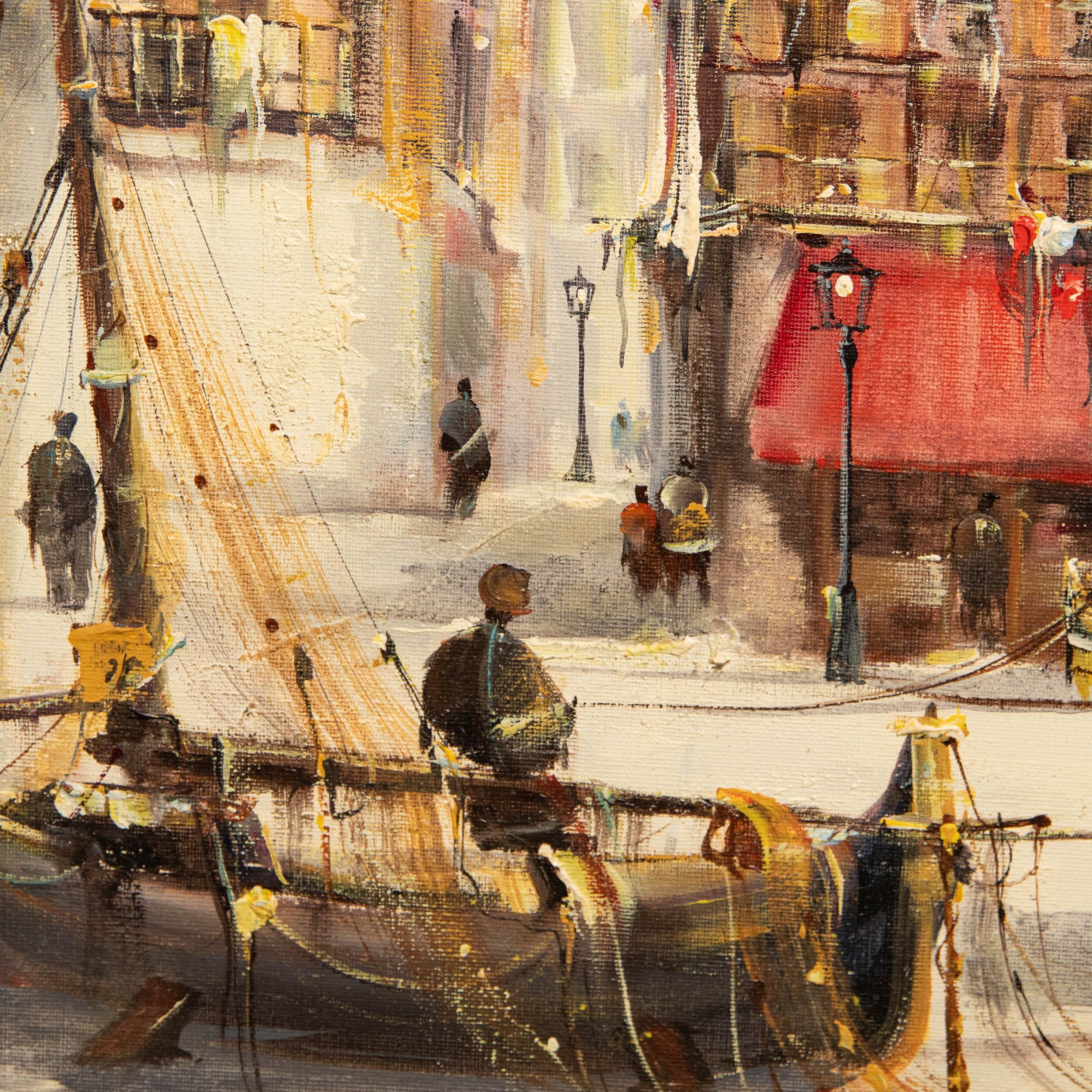 Jorge Aguilar-Agon (b.1936) - 20th Century Oil, Coastal Town with Fishing Boats 3