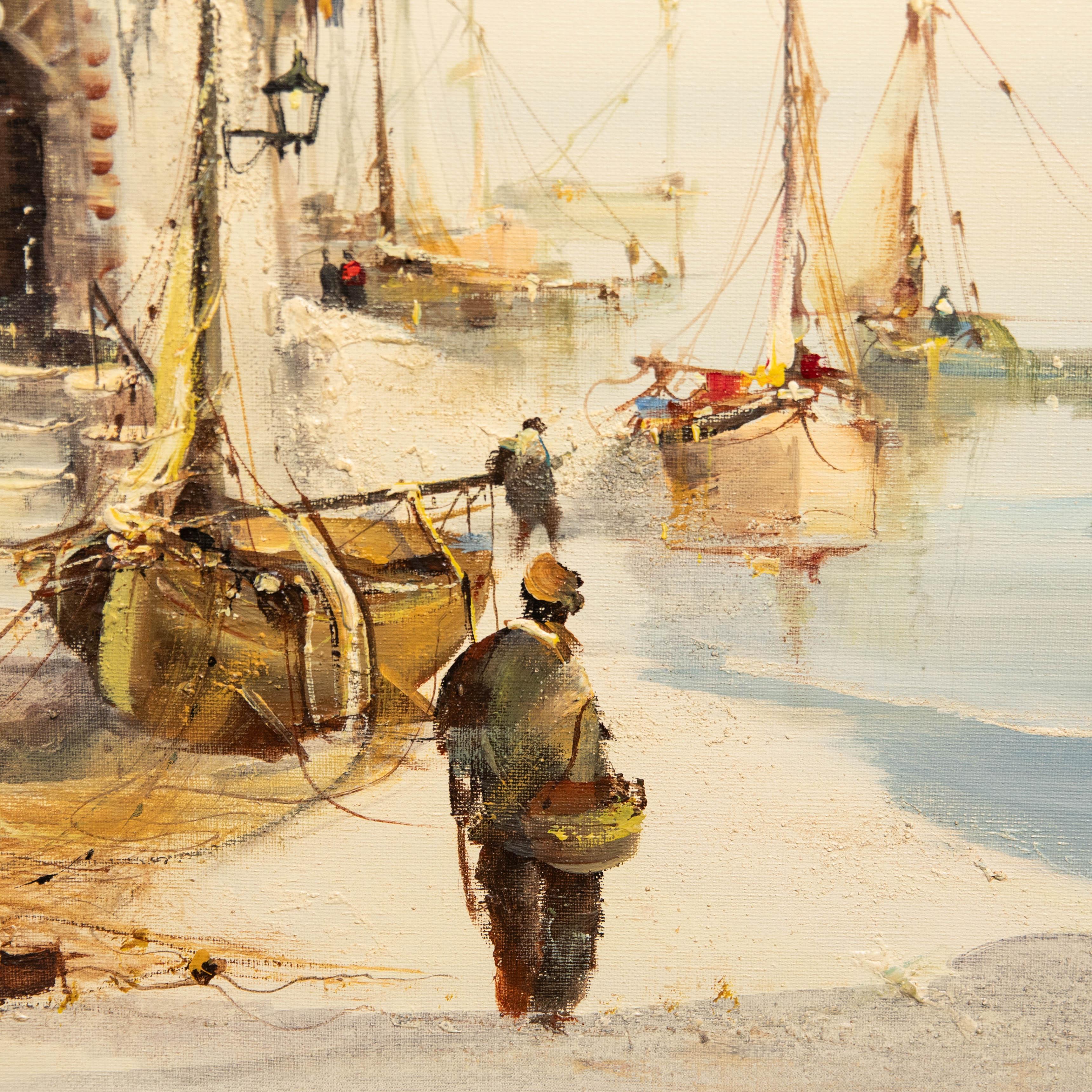 Jorge Aguilar-Agon (b.1936) - 20th Century Oil, Coastal Town with Fishing Boats 4