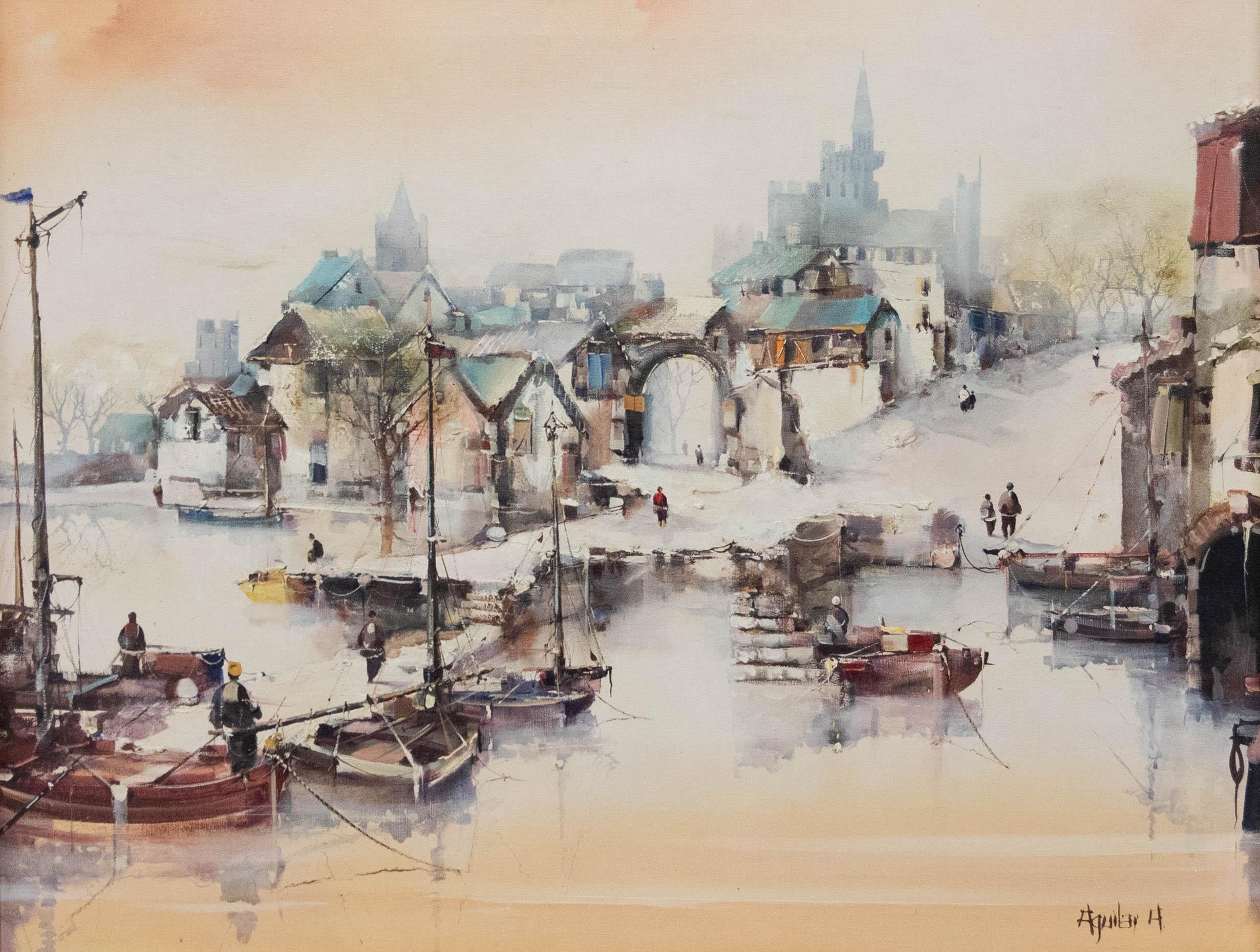 Jorge Aguilar-Agon (nato nel 1936) - Olio del XX secolo incorniciato, Scena di porto in inverno 1