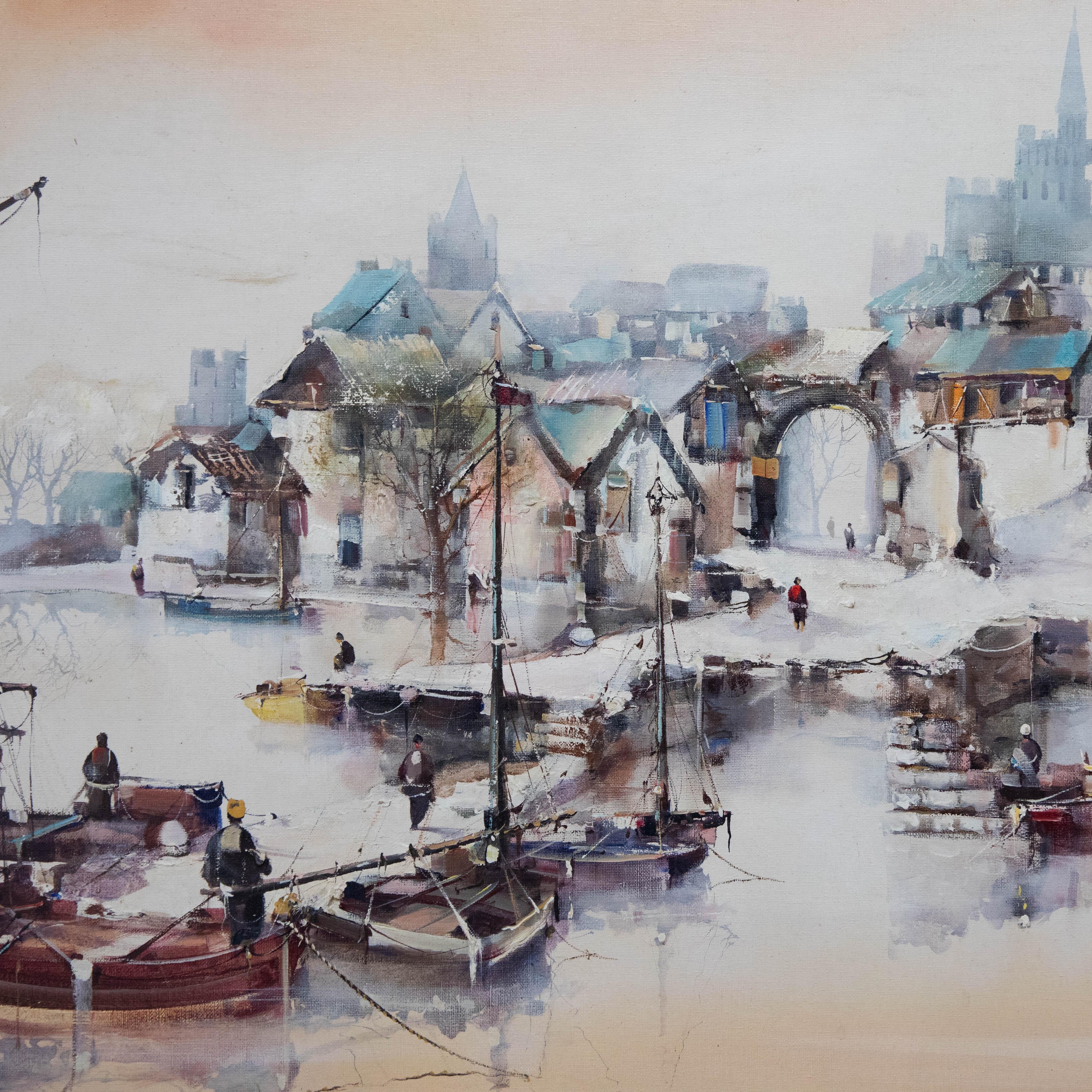Jorge Aguilar-Agon (nato nel 1936) - Olio del XX secolo incorniciato, Scena di porto in inverno 3