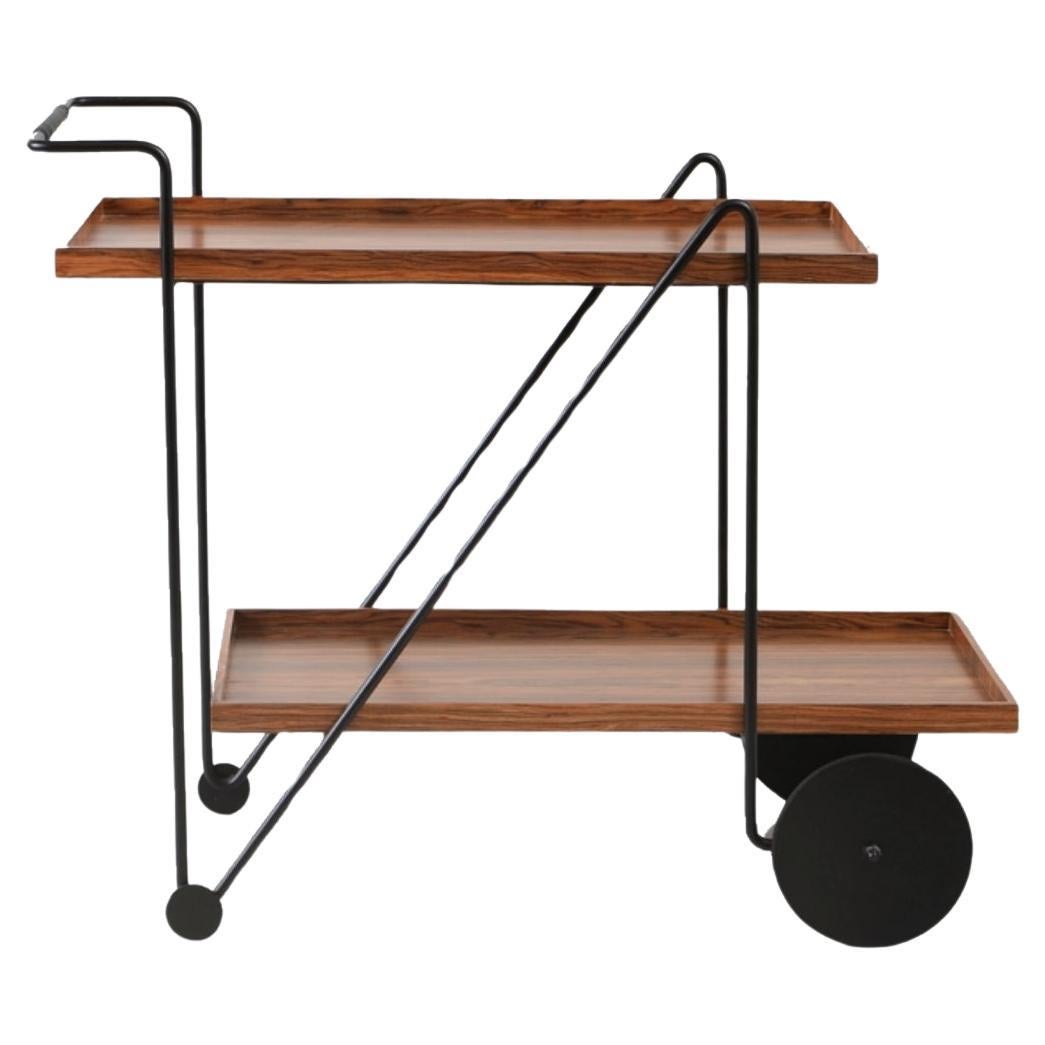 "Jorge" bar cart Modernist style in black painted steel and Pau Ferro wood For Sale