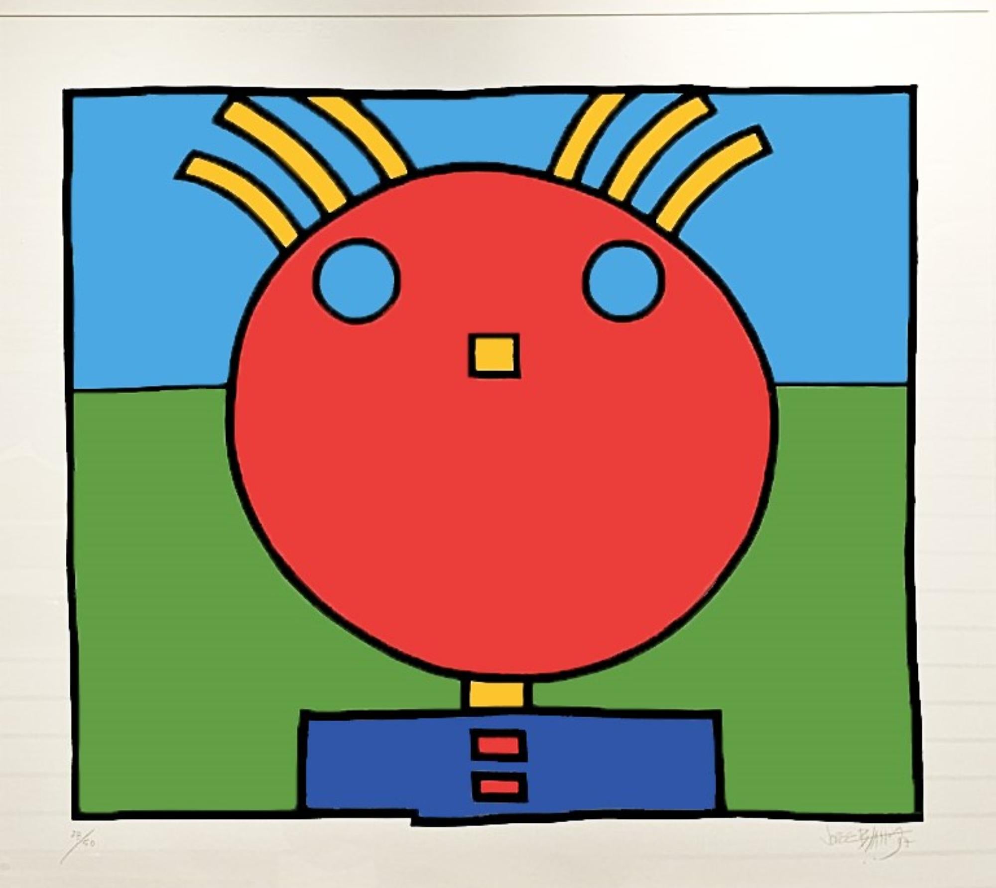 Jorge Blanco (*1945) Amerikaner, Künstlernachweis. Es handelt sich um ein rotes Gesicht mit blauen Augen, gelben Haaren, gelber Nase und einem blauen Hemd mit roten Knöpfen und einem blau-grünen Hintergrund. Titel: 
