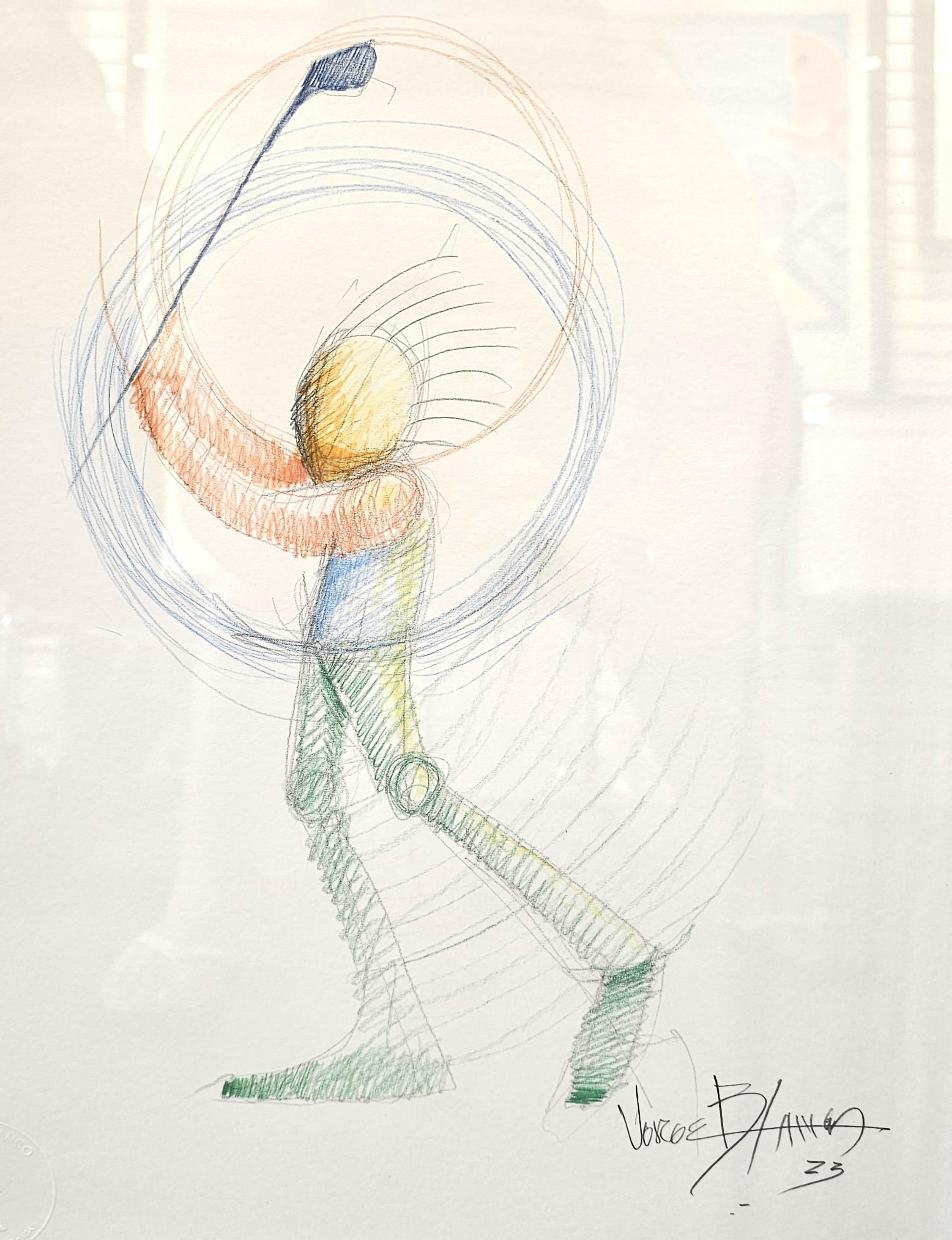 Jorge Blanco 'B1945' American, Original Graphite/Colored Pencil/Pastel. Depicting a golfer swinging his golf club. Colorful piece with graphite, green, orange, yellow, and blue colored pencil. Signed Jorge Blanco in the lower right. Dated '23 in the