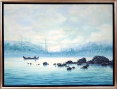 Vintage Canoe on Blue Lake, Oil Painting by Tarallo