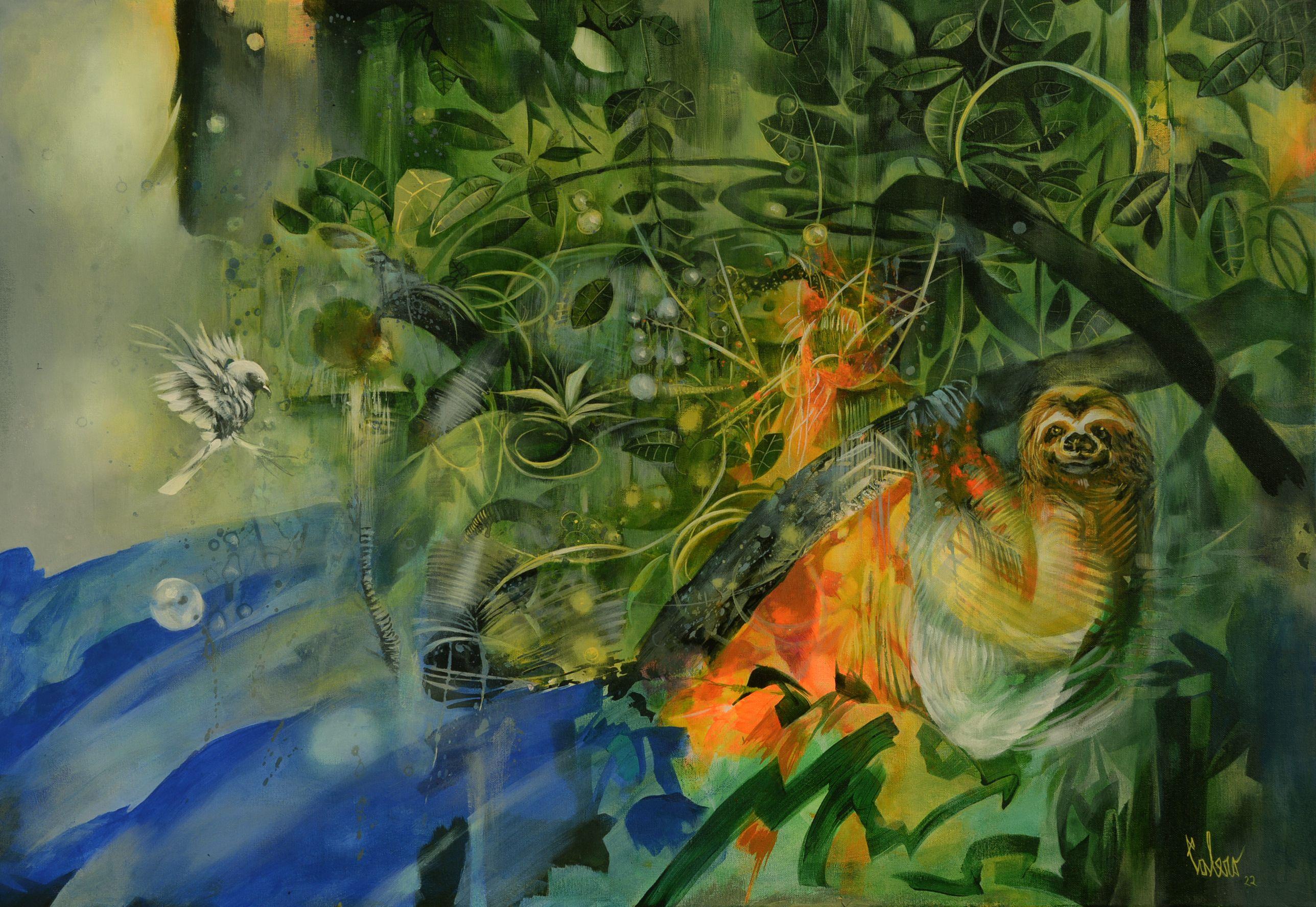 Jorge CaleroÂ´s depiction of the wildlife aims to bring back the feeling of awe and love towards nature by enhancing chromatically and formally the feeling of fantasy it creates in us as we reached the point of exhaustion in terms of ecological