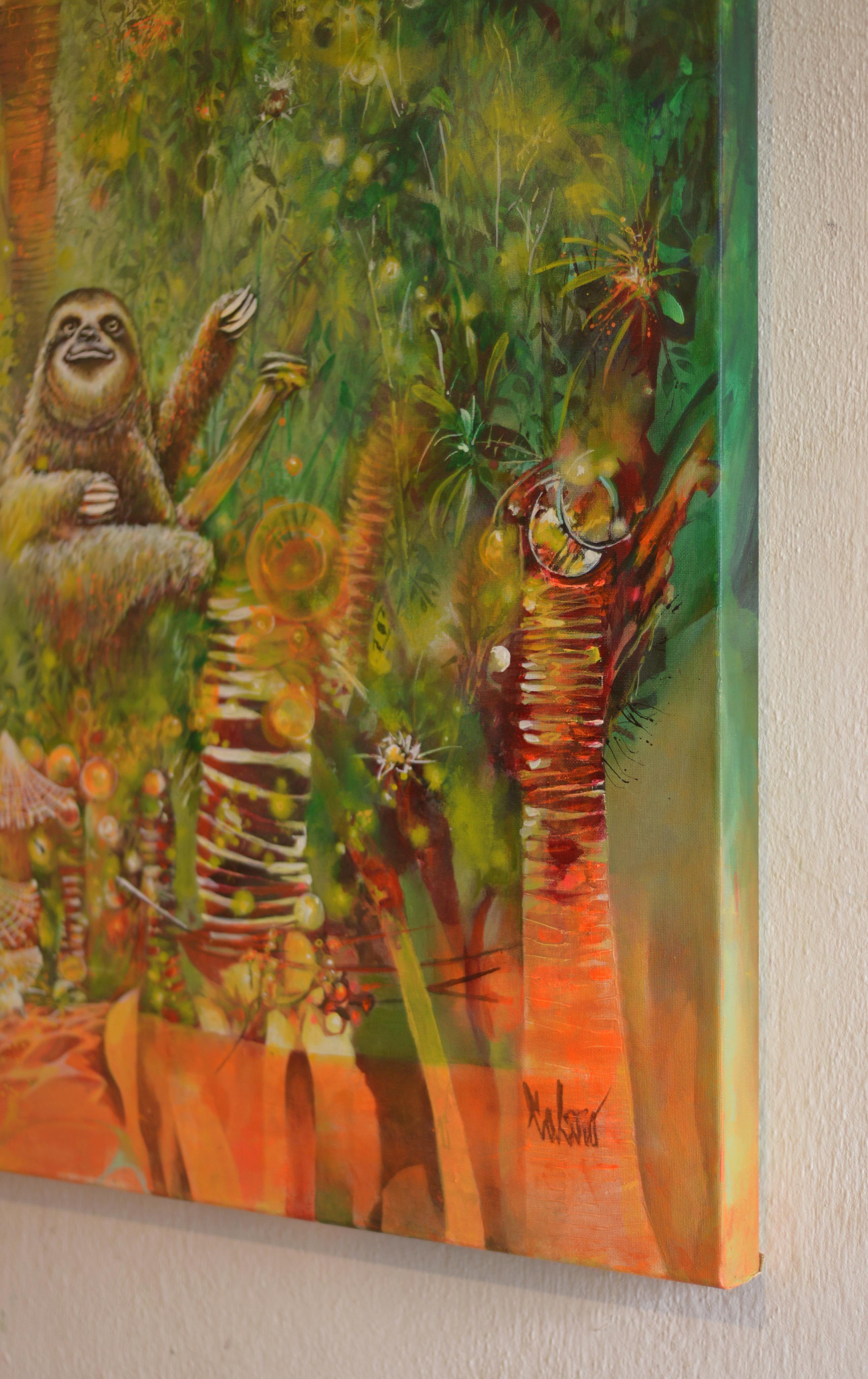 En tant qu'artiste, j'ai mis toute mon âme dans la création d'une expression vivante de la beauté sauvage de la nature. Les teintes acryliques luxuriantes capturent la danse spontanée de la lumière à travers le feuillage et le rythme palpitant de la