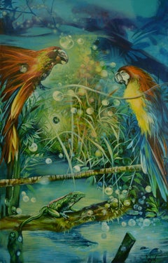 Peinture perroquets, acrylique sur toile