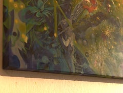 Merle rouge et lucioles, peinture, acrylique sur toile