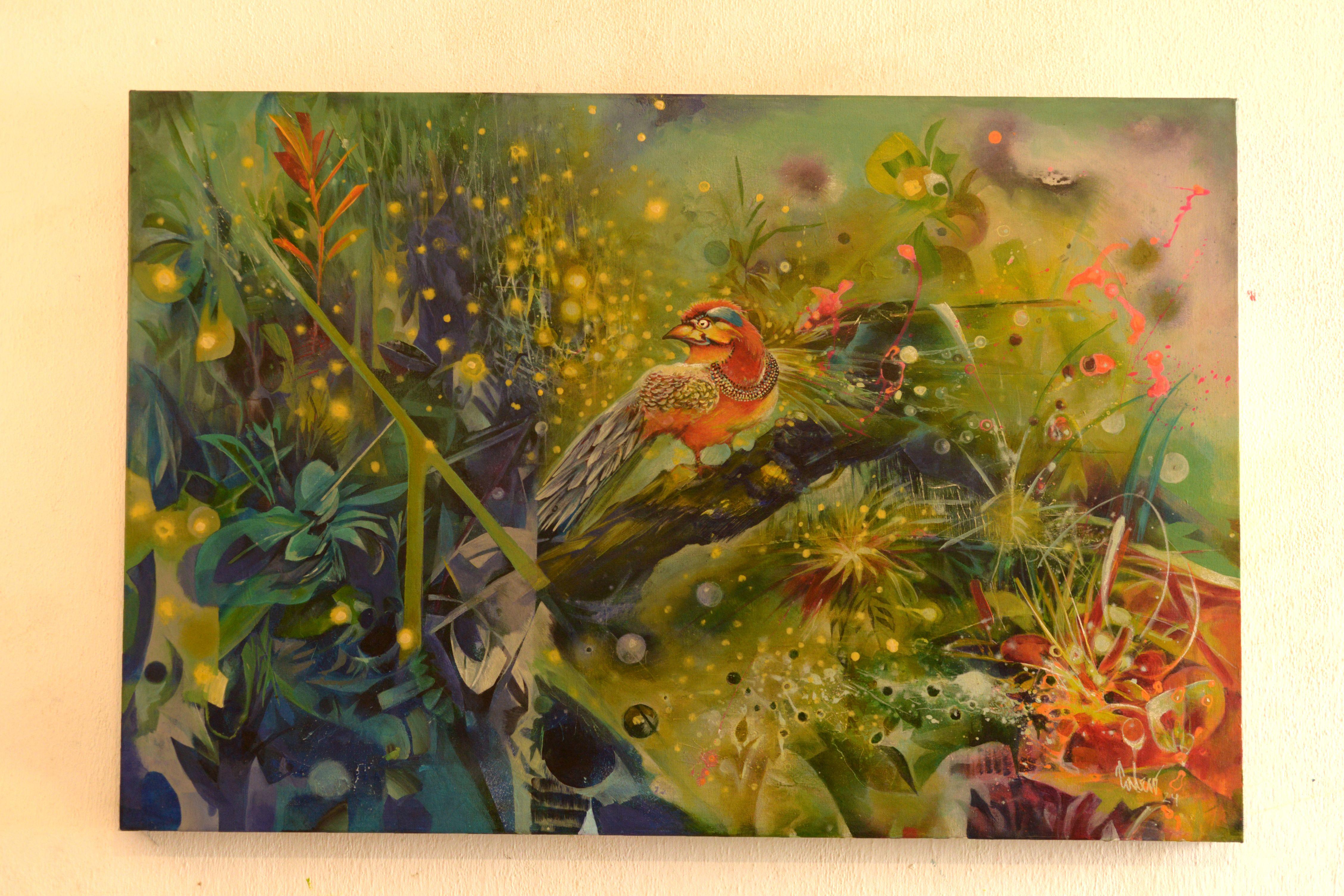 Merle rouge et lucioles, peinture, acrylique sur toile en vente 1