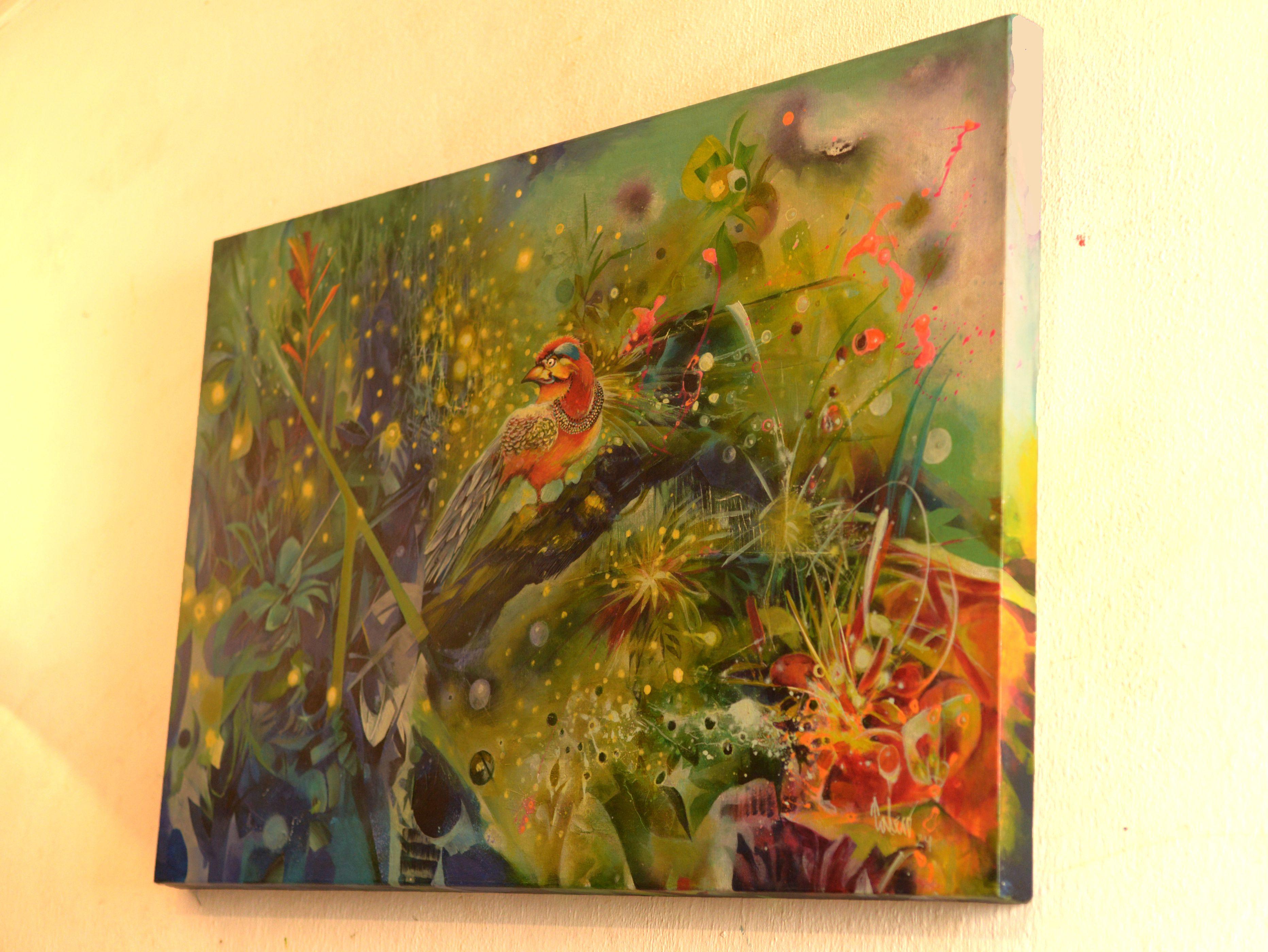 Merle rouge et lucioles, peinture, acrylique sur toile en vente 2