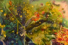 Merle rouge et lucioles, peinture, acrylique sur toile