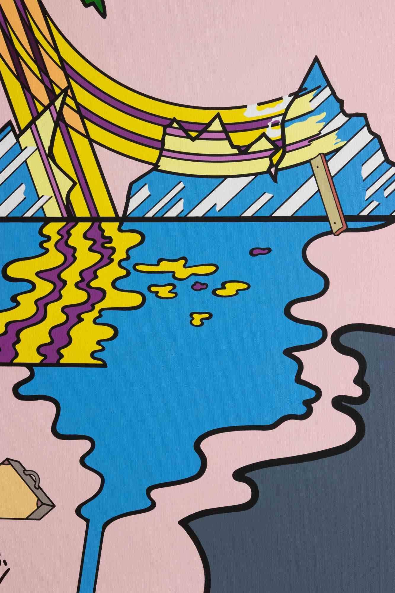Mujer y paisajes tropicales - óleo de J. Carruana - 1977 - Figurative Painting Gris de Jorge Carruana