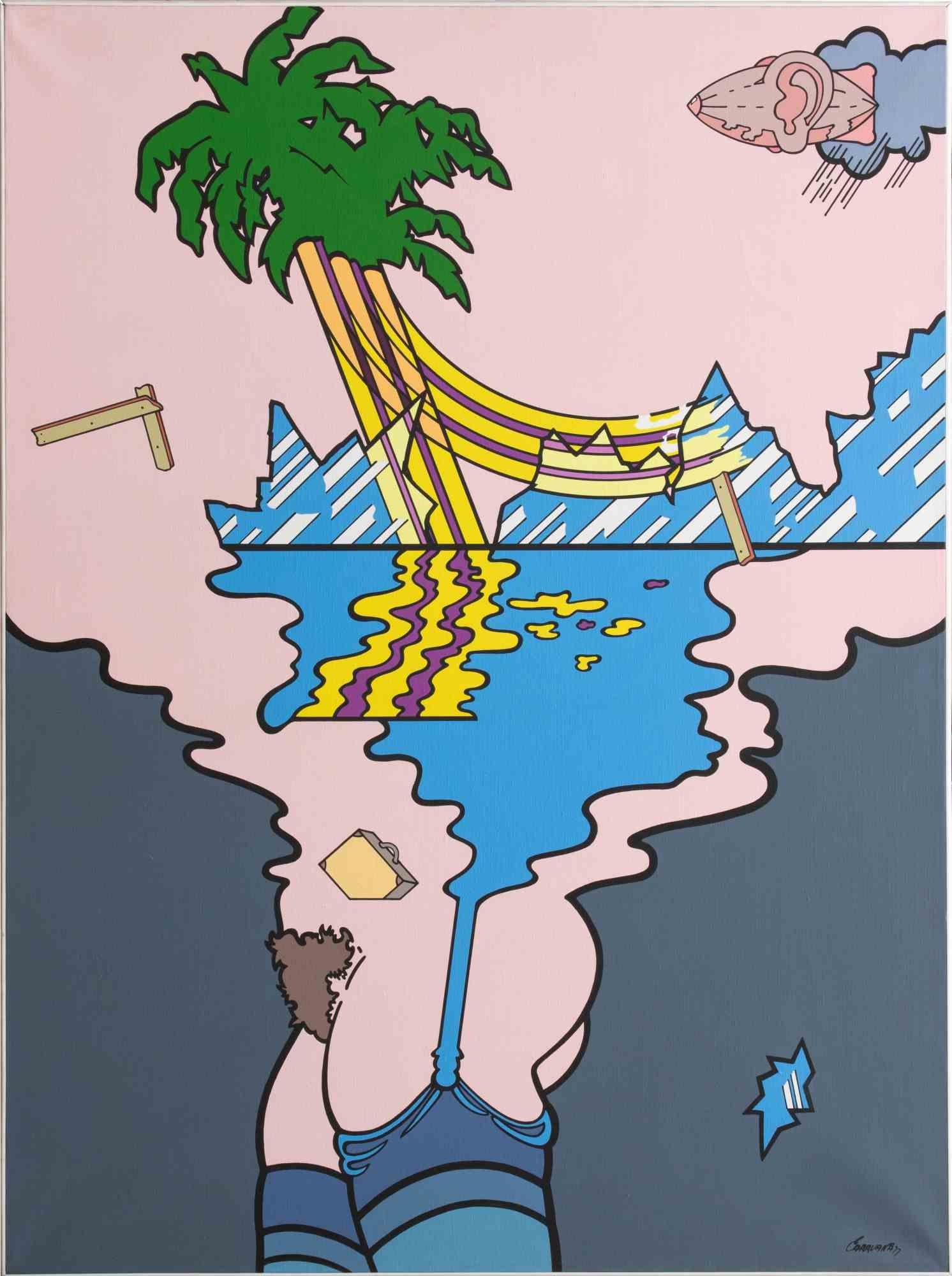 Figurative Painting de Jorge Carruana - Mujer y paisajes tropicales - óleo de J. Carruana - 1977