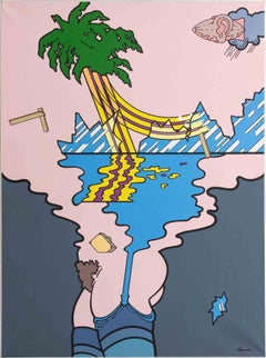 Donna e paesaggi tropicali - pittura ad olio di J. Carruana - 1977